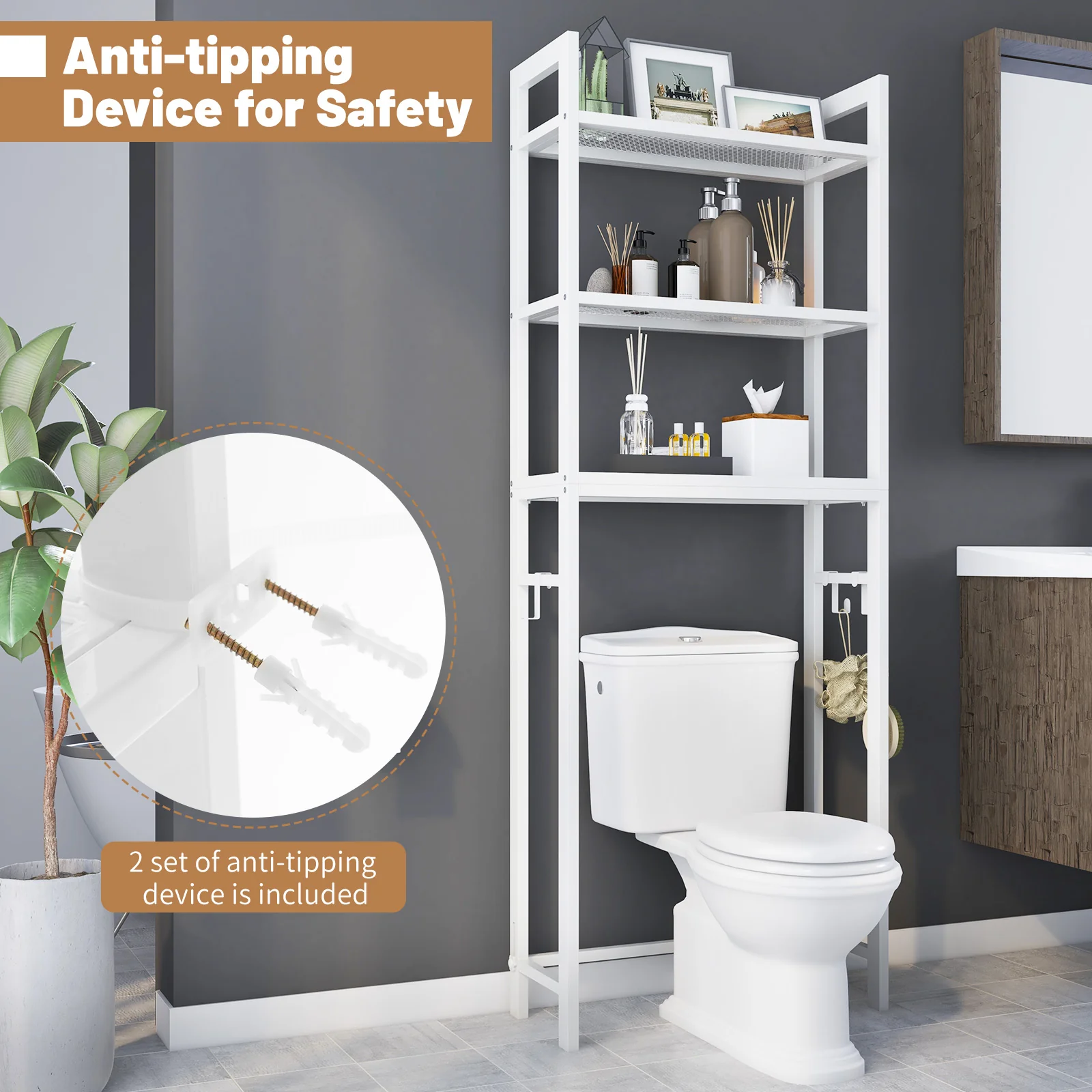 Over-The-Toilet Storage Shelf, Metal Bathroom Organizer Hooks, White - Image 9