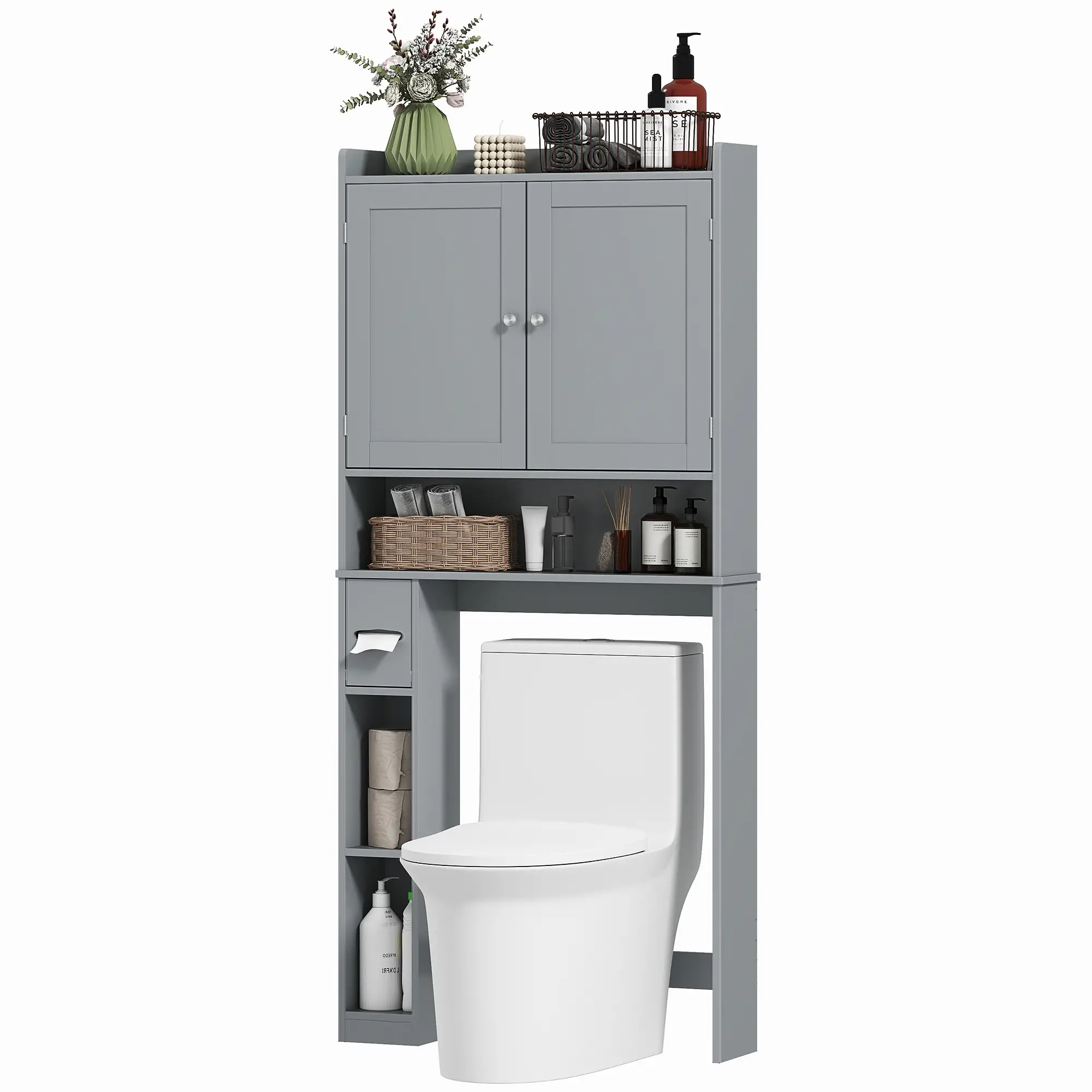 Over Toilet Storage Cabinet, 2 Doors, Toilet Paper Holder, Grey