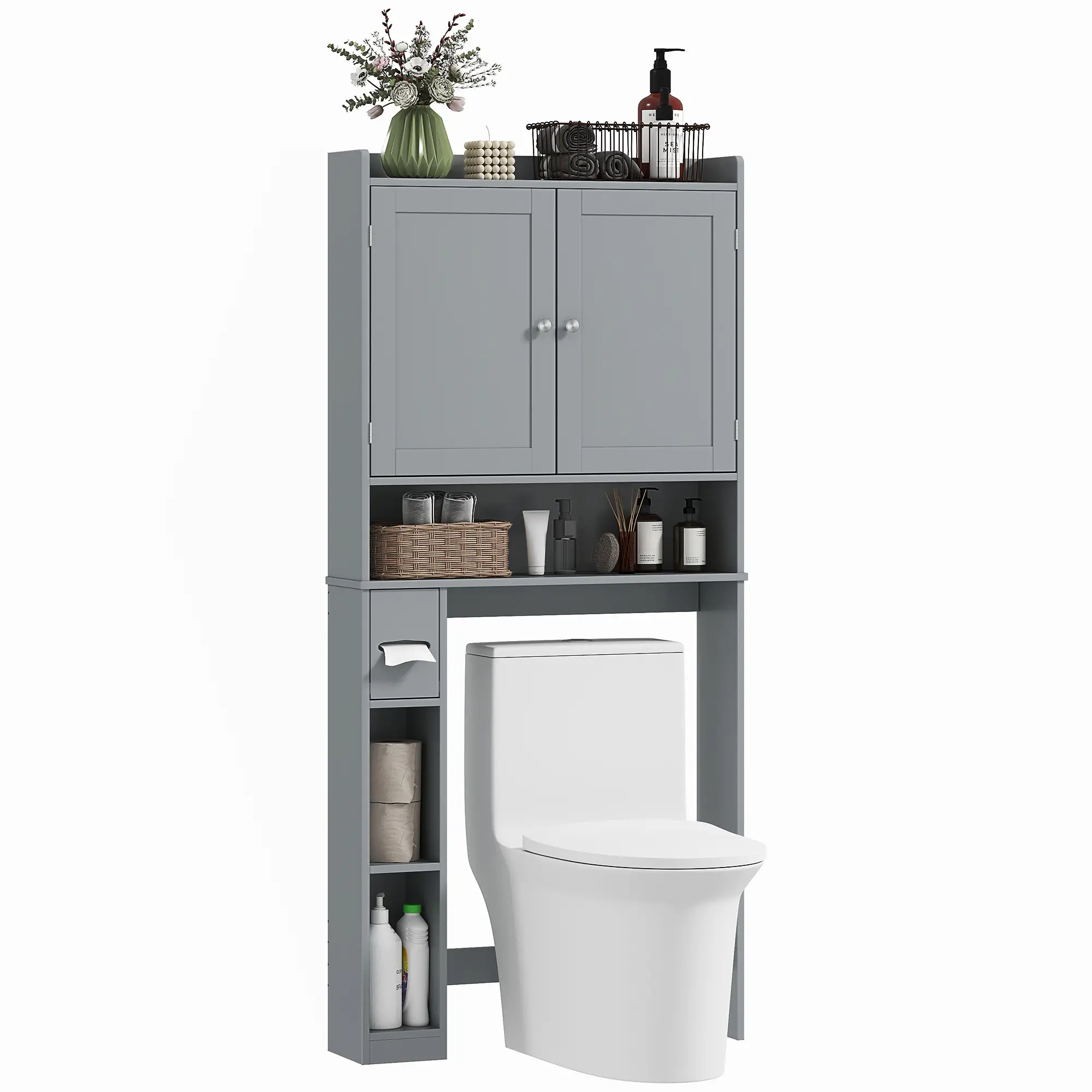 Over Toilet Storage Cabinet, 2 Doors, Toilet Paper Holder, Grey - Image 11