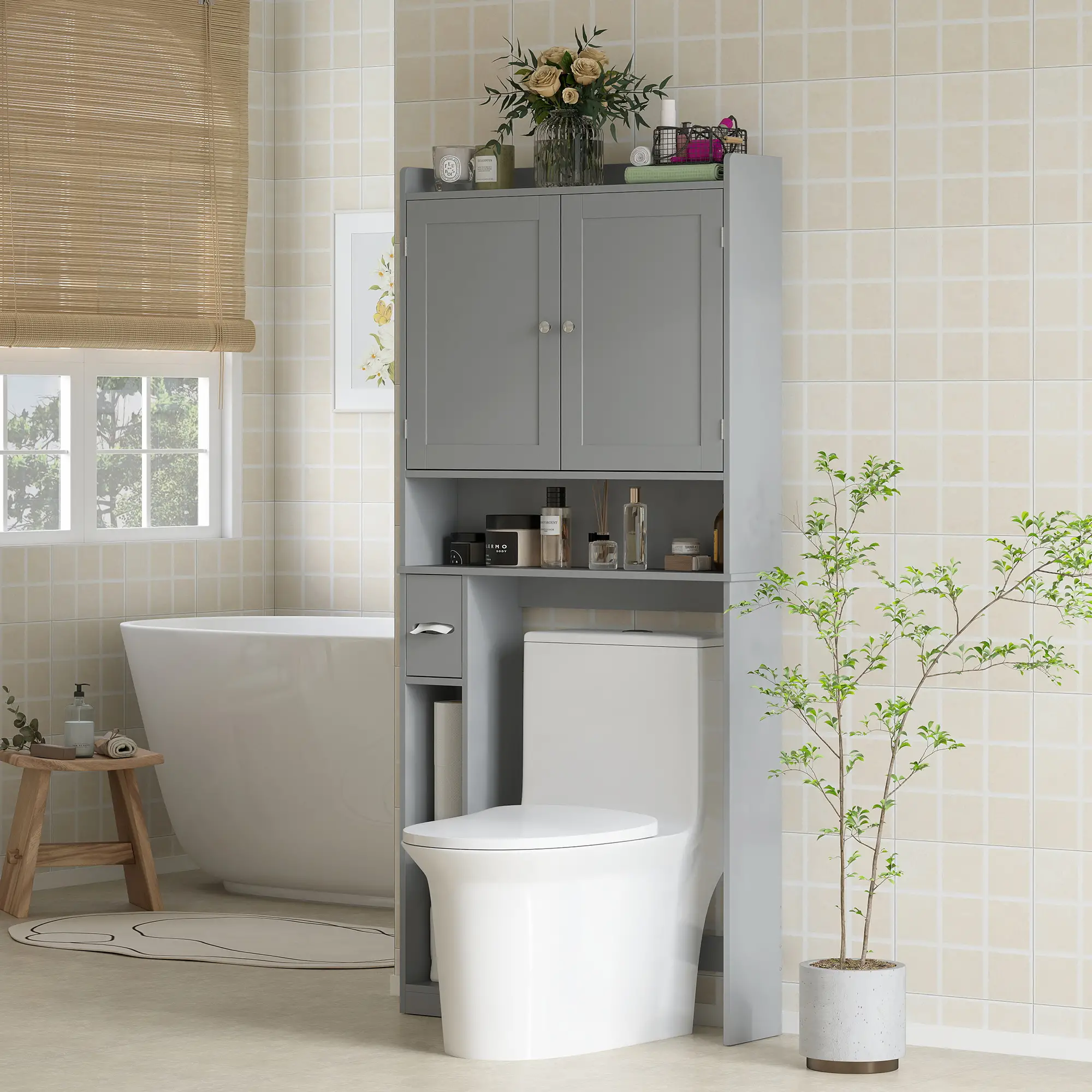 Over Toilet Storage Cabinet, 2 Doors, Toilet Paper Holder, Grey - Image 2