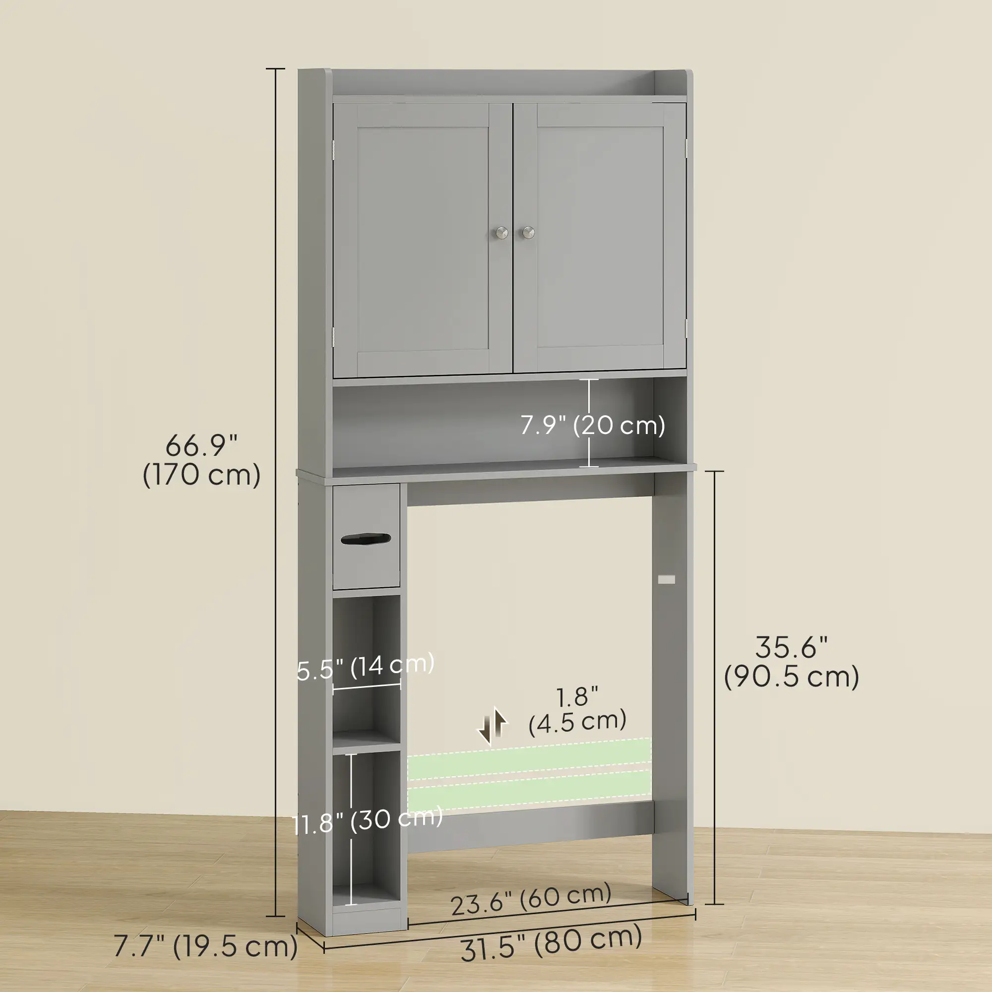 Over Toilet Storage Cabinet, 2 Doors, Toilet Paper Holder, Grey - Image 3