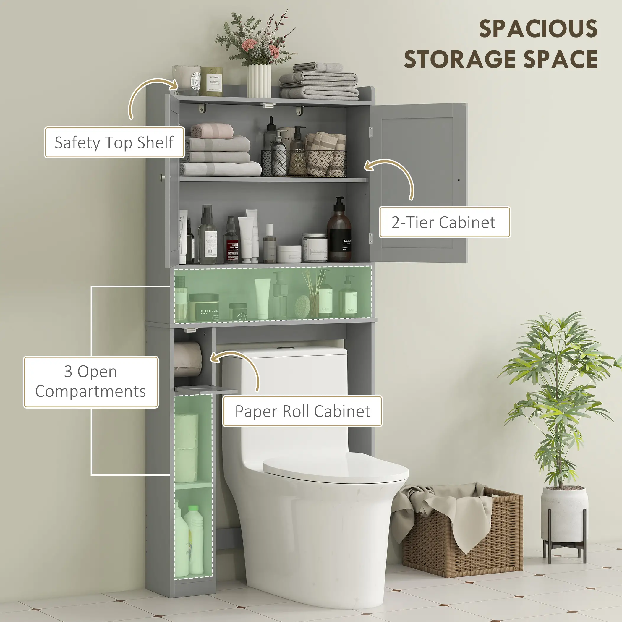 Over Toilet Storage Cabinet, 2 Doors, Toilet Paper Holder, Grey - Image 4