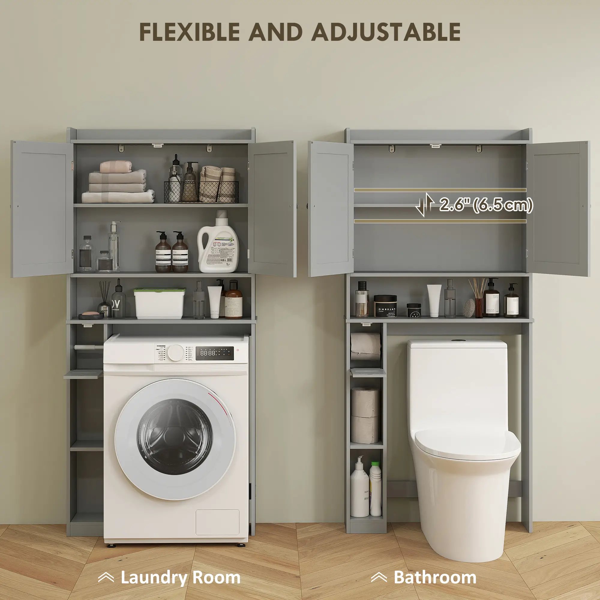 Over Toilet Storage Cabinet, 2 Doors, Toilet Paper Holder, Grey - Image 5