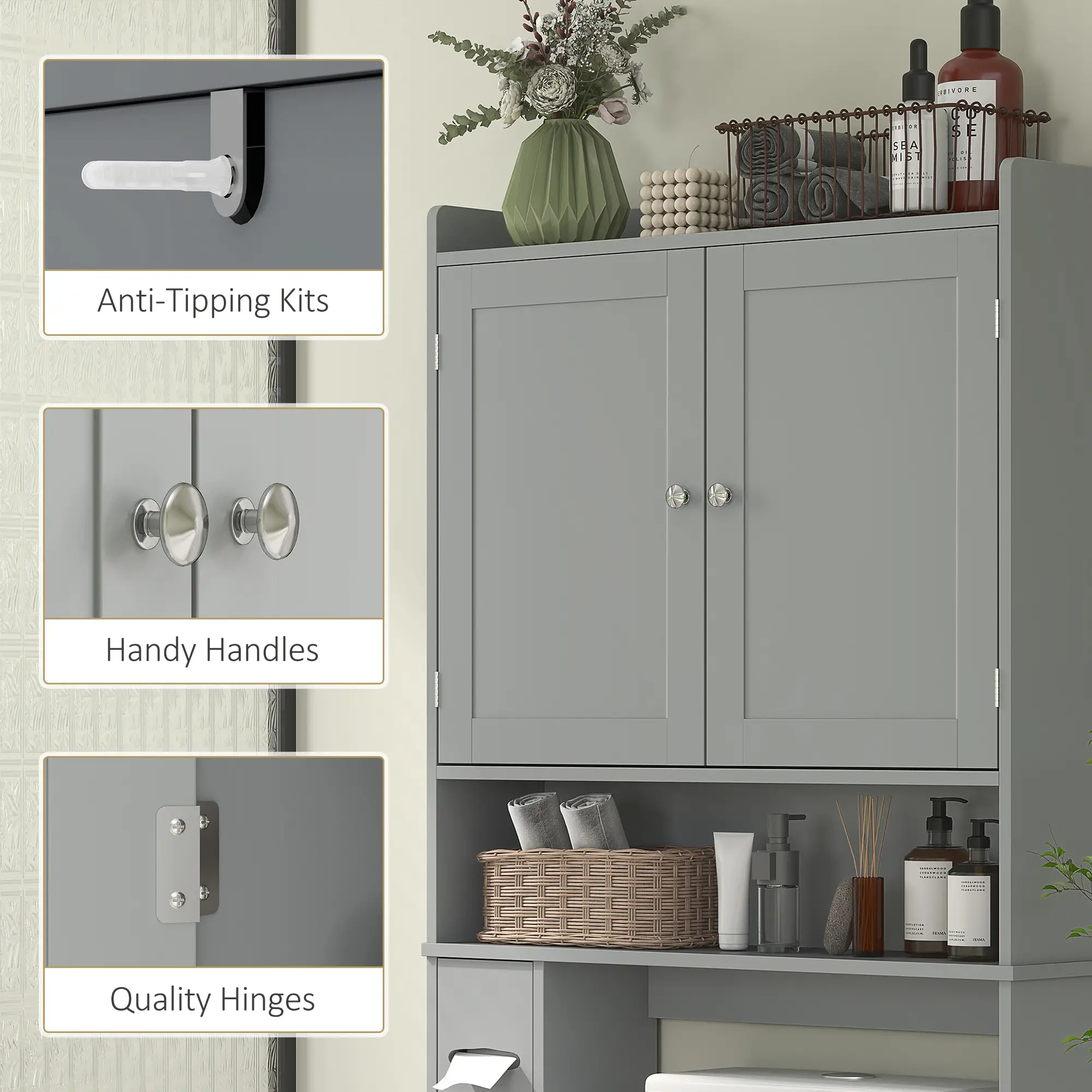 Over Toilet Storage Cabinet, 2 Doors, Toilet Paper Holder, Grey - Image 6