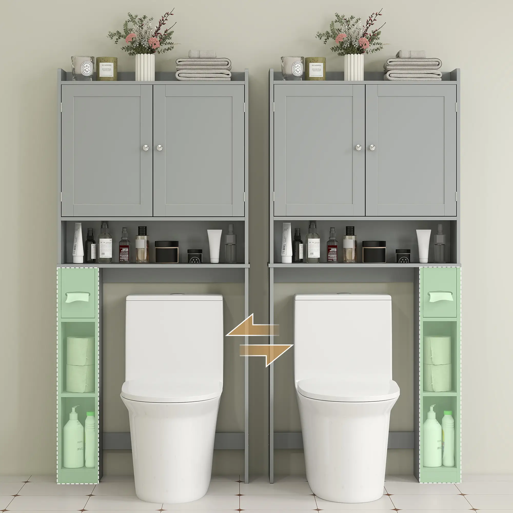 Over Toilet Storage Cabinet, 2 Doors, Toilet Paper Holder, Grey - Image 7