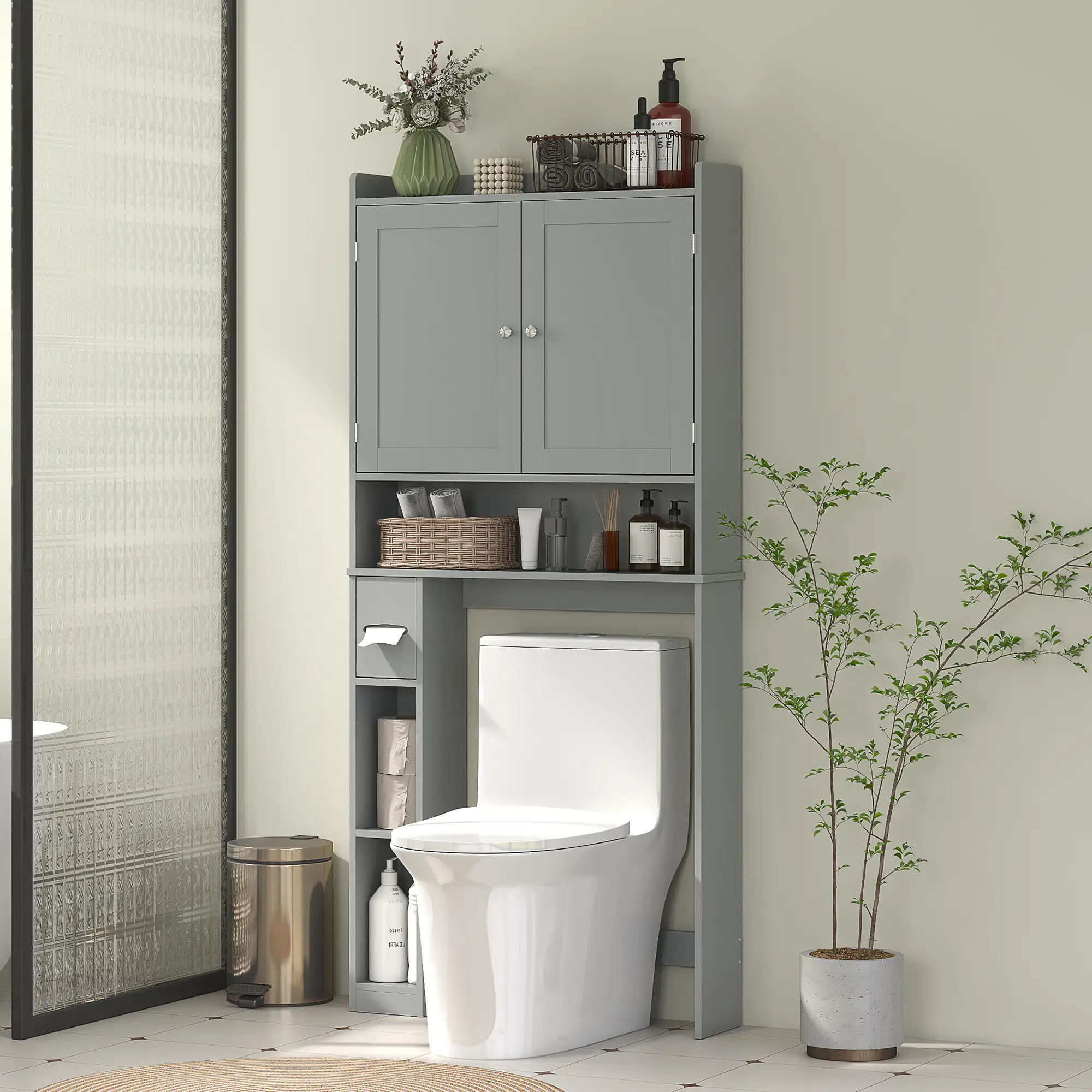 Over Toilet Storage Cabinet, 2 Doors, Toilet Paper Holder, Grey - Image 8