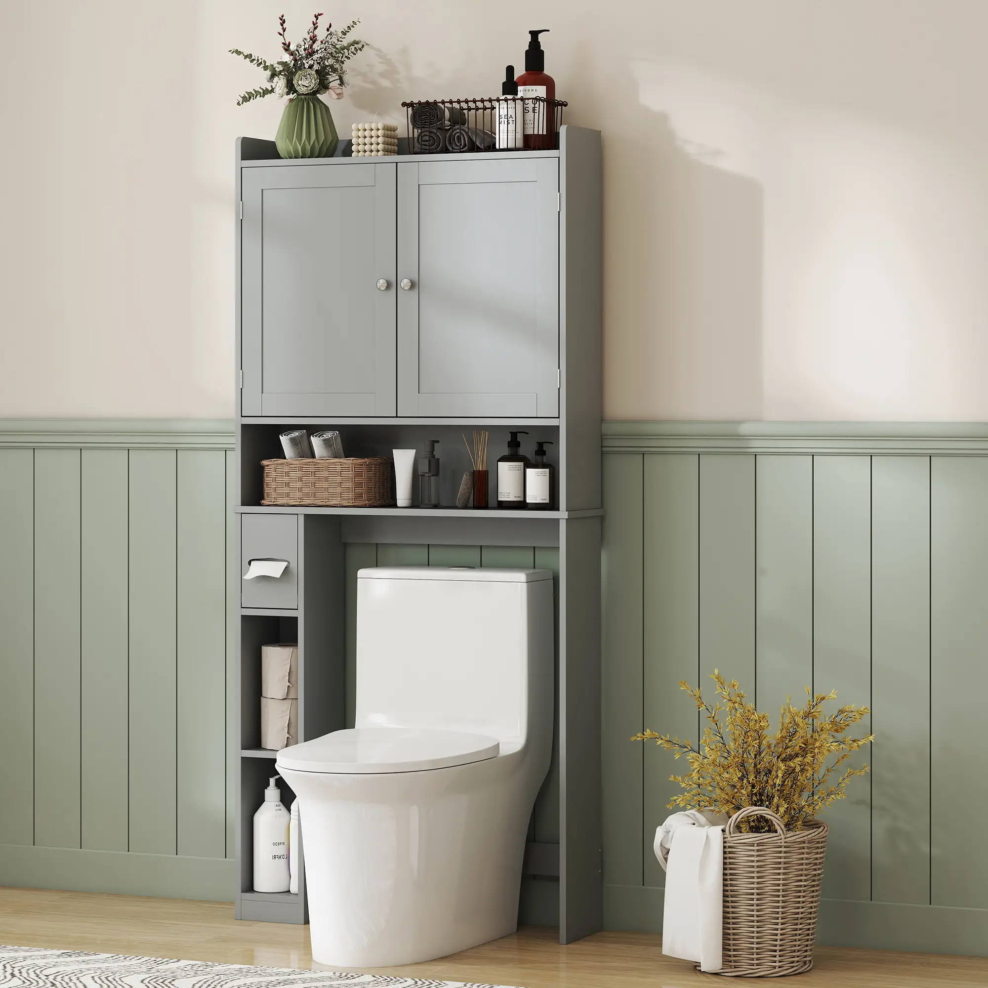 Over Toilet Storage Cabinet, 2 Doors, Toilet Paper Holder, Grey - Image 9