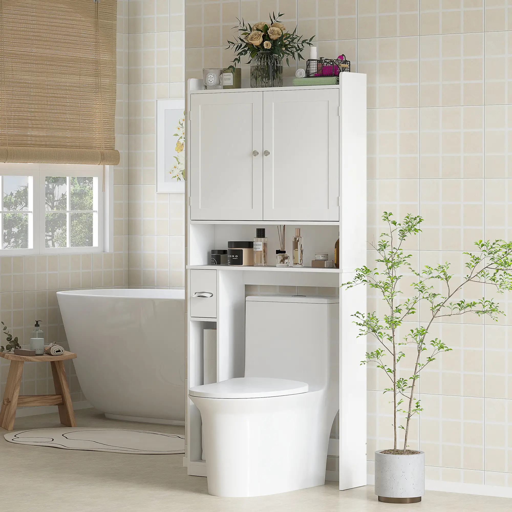 Over Toilet Storage Cabinet, 2 Doors, Toilet Paper Holder, White - Image 2