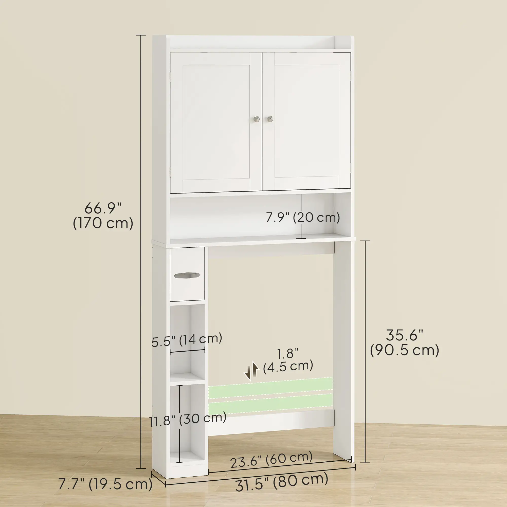 Over Toilet Storage Cabinet, 2 Doors, Toilet Paper Holder, White - Image 3