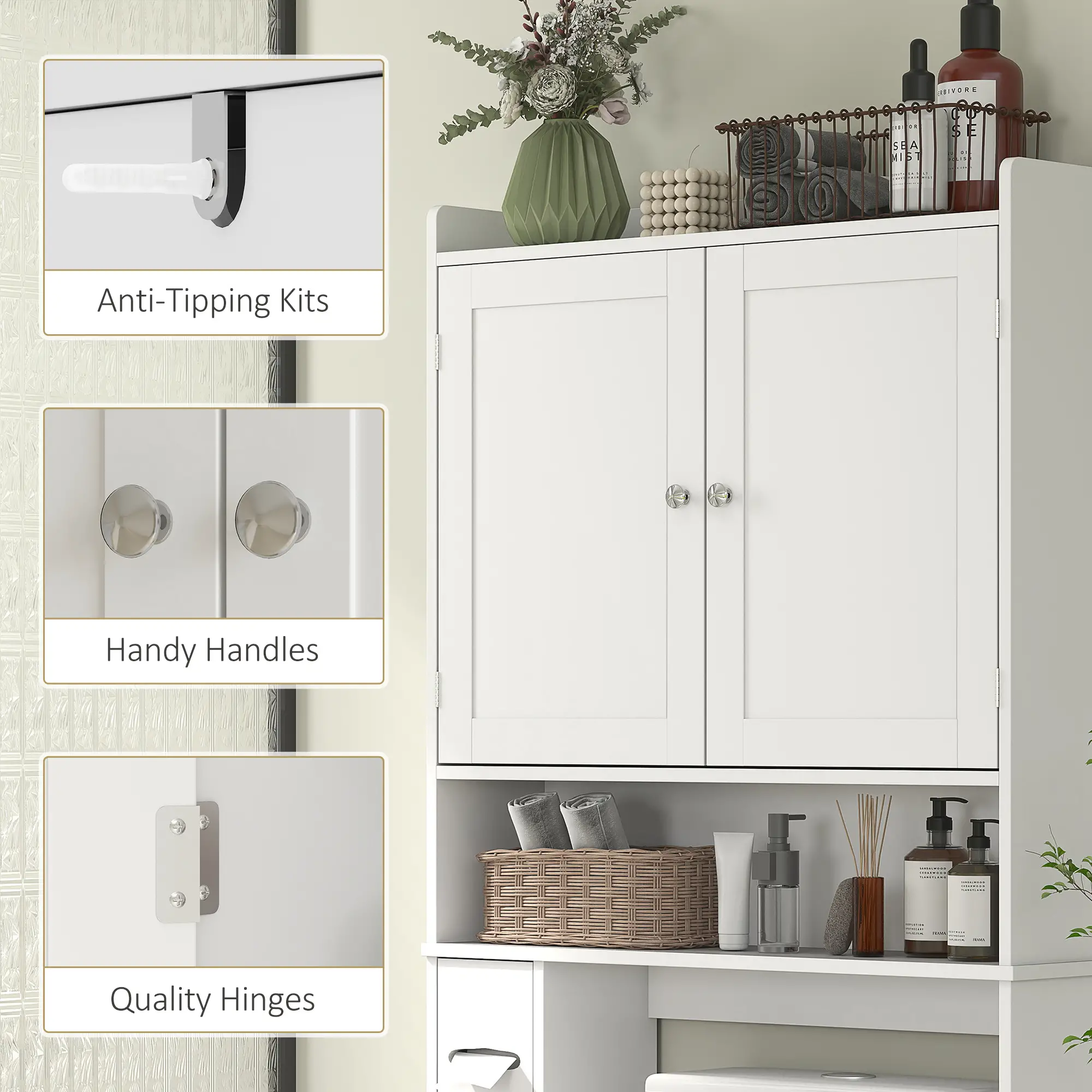 Over Toilet Storage Cabinet, 2 Doors, Toilet Paper Holder, White - Image 6