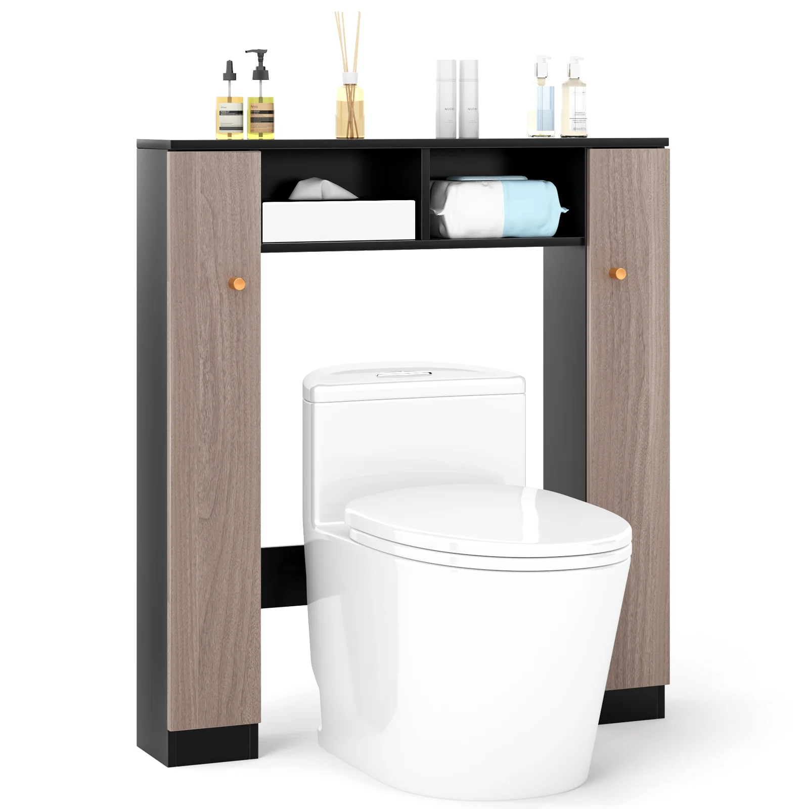 Over Toilet Storage Cabinet, 2 Open Compartments, 4 Adjustable Shelves, Black