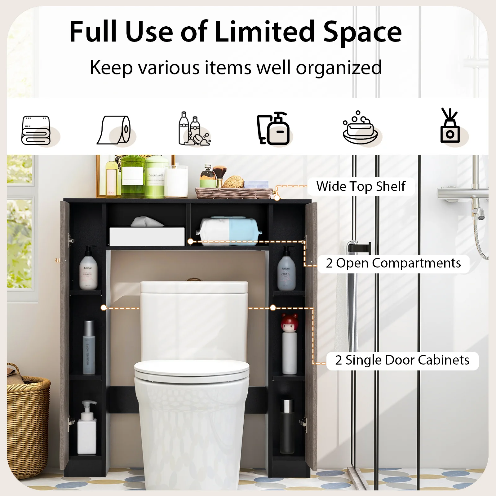 Over Toilet Storage Cabinet, 2 Open Compartments, 4 Adjustable Shelves, Black - Image 10