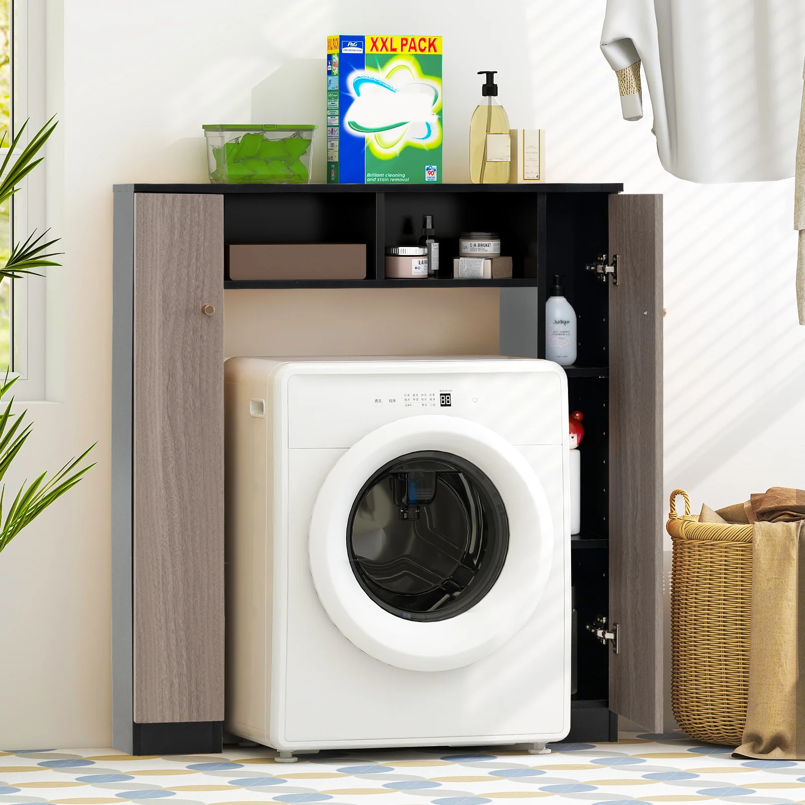 Over Toilet Storage Cabinet, 2 Open Compartments, 4 Adjustable Shelves, Black - Image 2