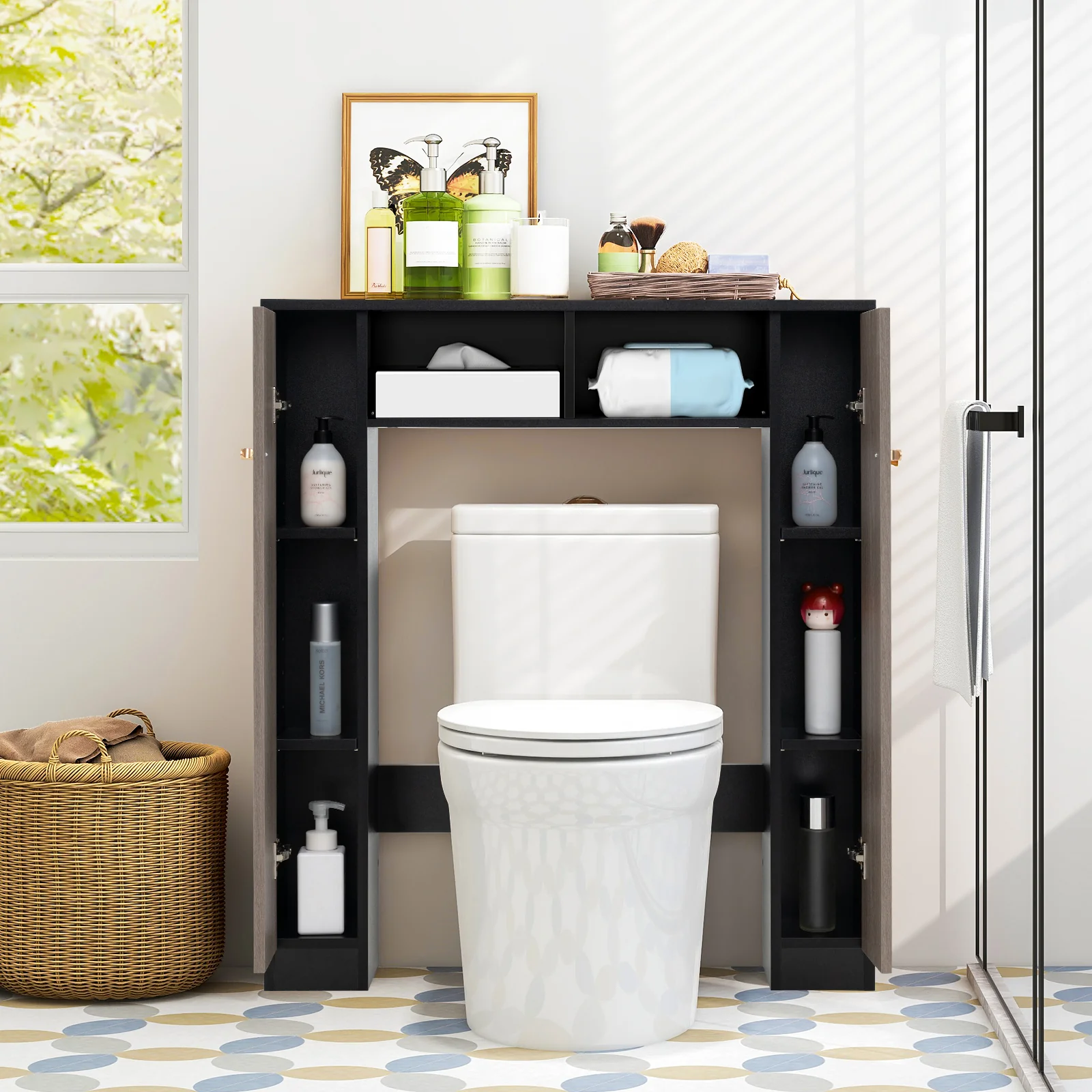 Over Toilet Storage Cabinet, 2 Open Compartments, 4 Adjustable Shelves, Black - Image 3