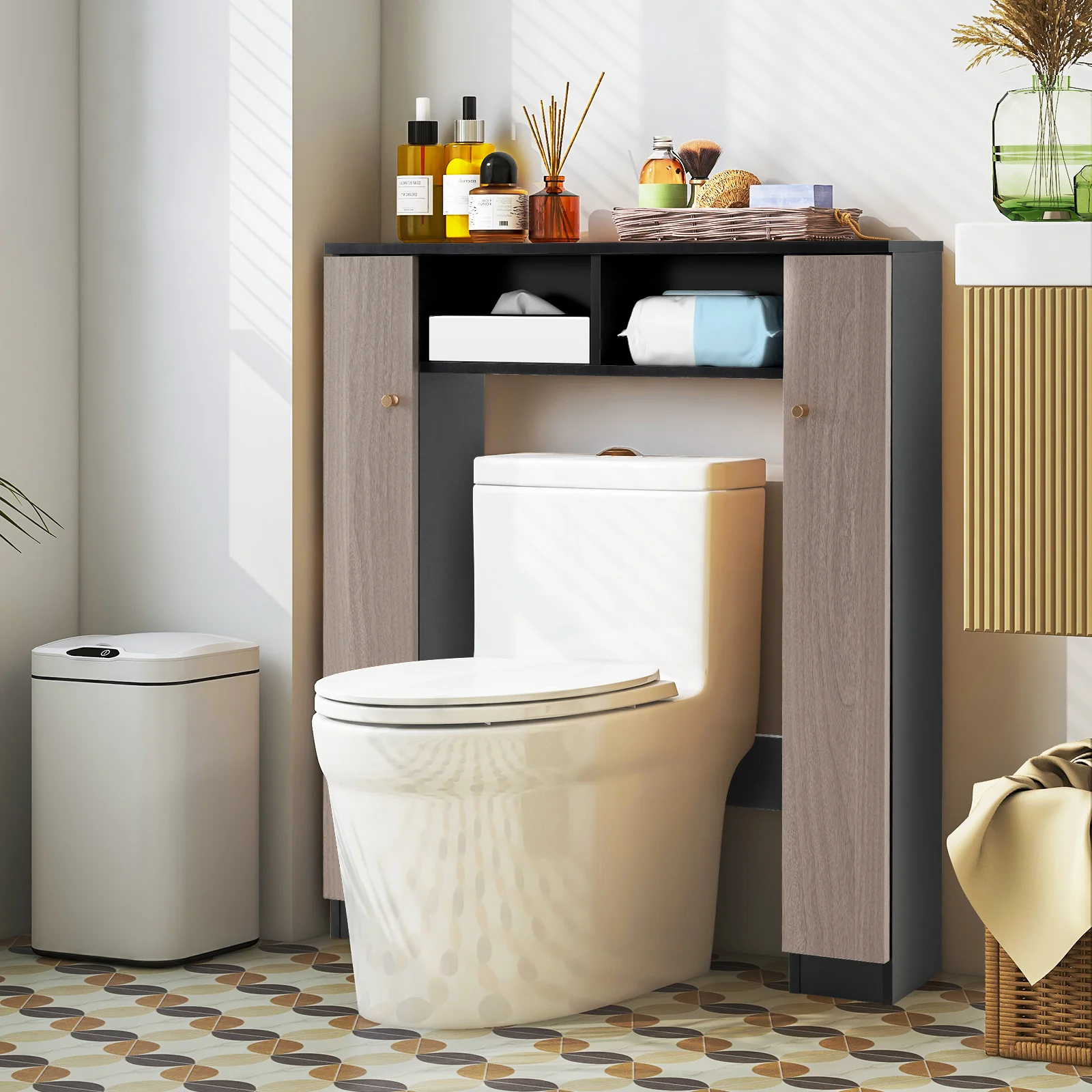 Over Toilet Storage Cabinet, 2 Open Compartments, 4 Adjustable Shelves, Black - Image 7