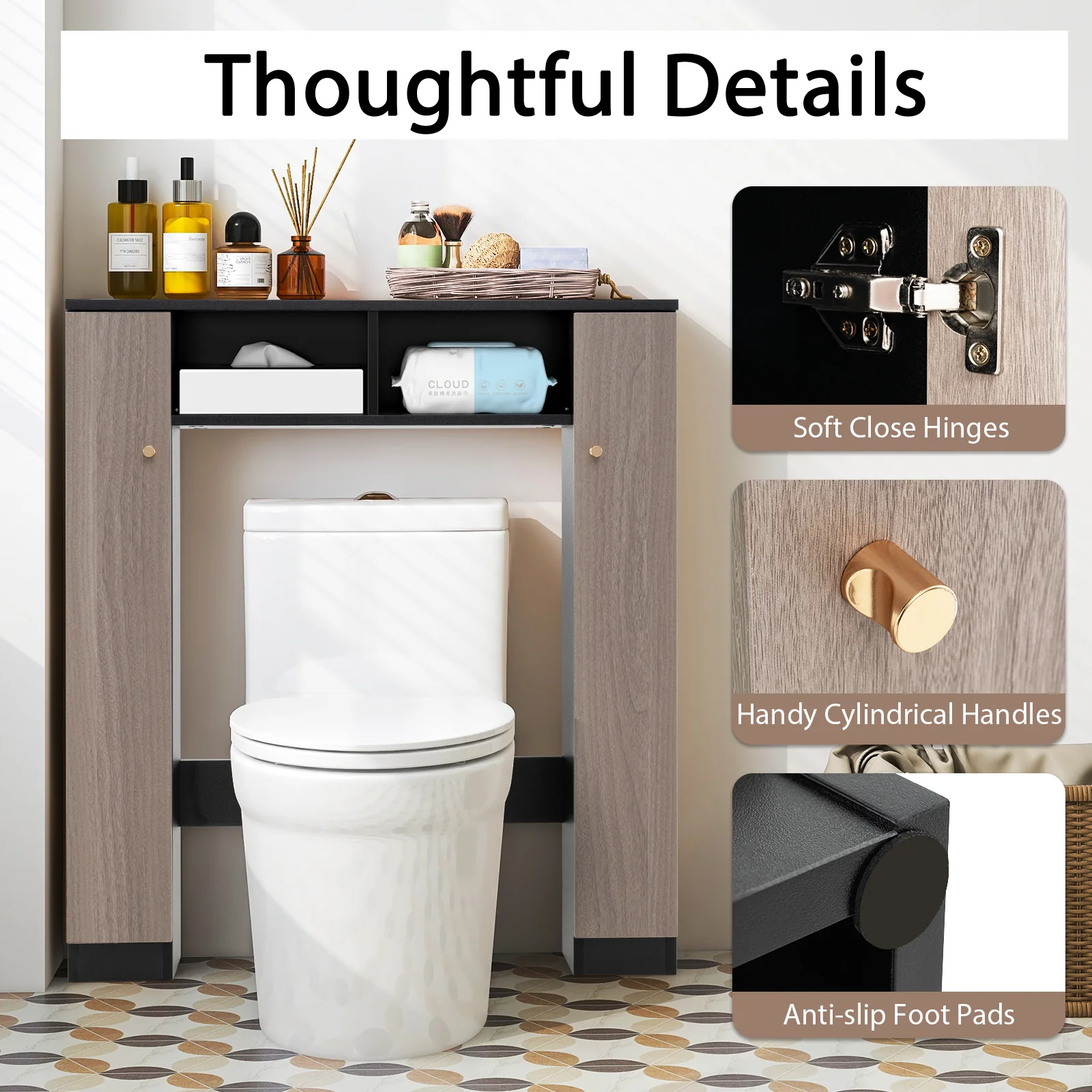Over Toilet Storage Cabinet, 2 Open Compartments, 4 Adjustable Shelves, Black - Image 8