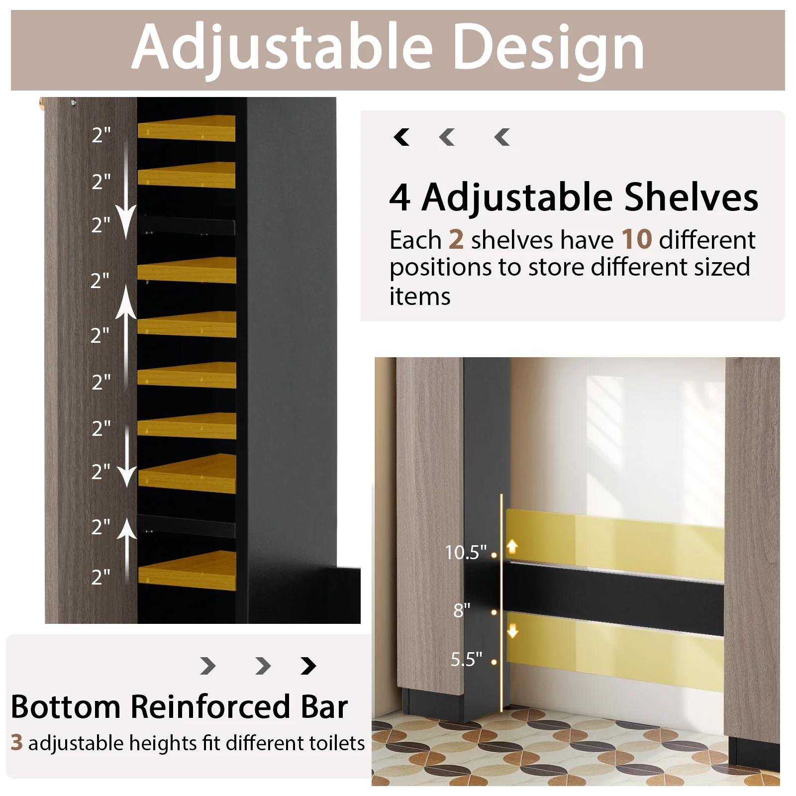 Over Toilet Storage Cabinet, 2 Open Compartments, 4 Adjustable Shelves, Black - Image 9
