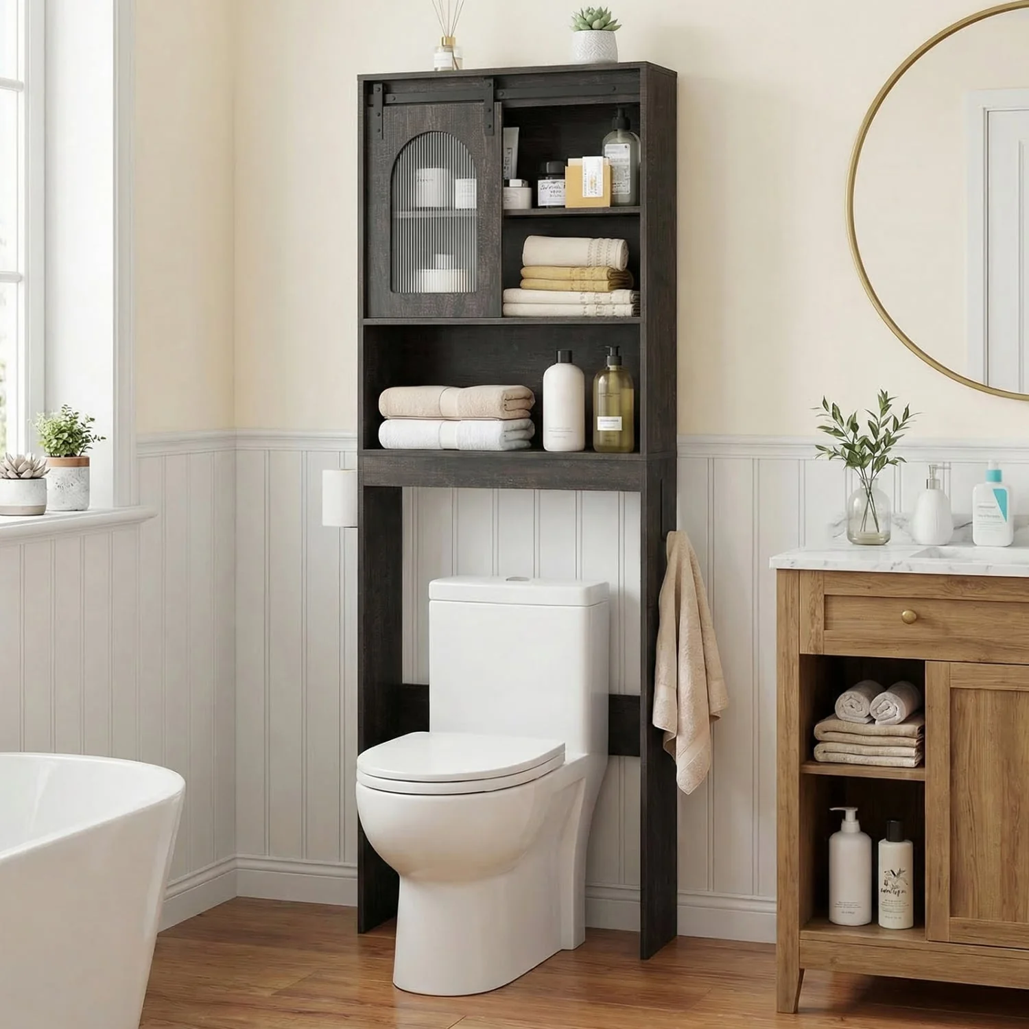 Over Toilet Storage Cabinet With Sliding Barn Door, Open Shelves, Oak - Image 3