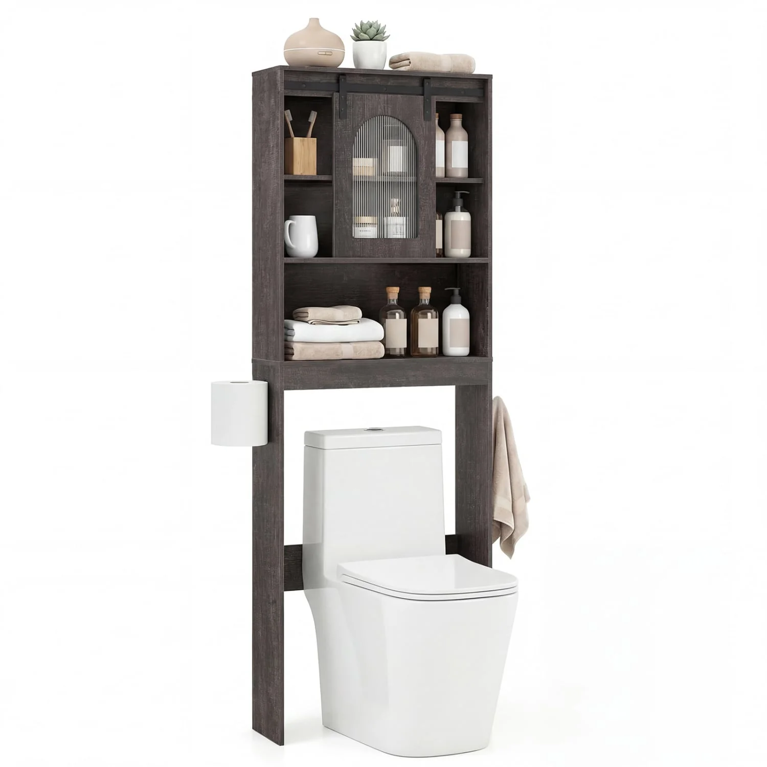Over Toilet Storage Cabinet With Sliding Barn Door, Open Shelves, Oak - Image 4