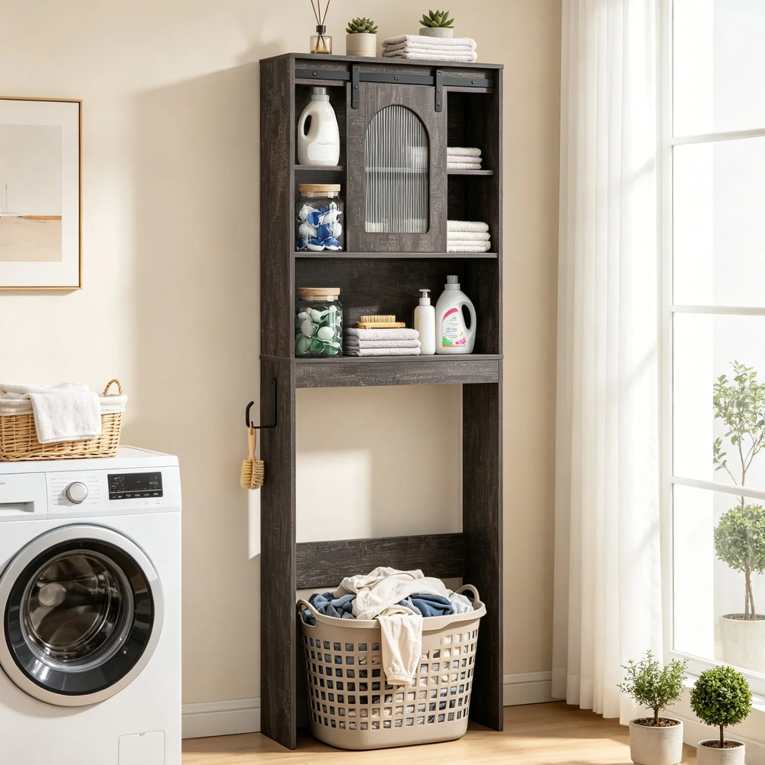 Over Toilet Storage Cabinet With Sliding Barn Door, Open Shelves, Oak - Image 6