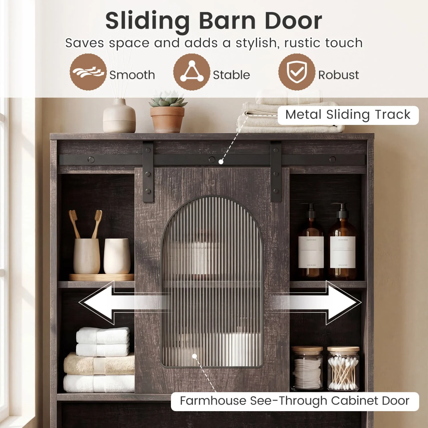 Over Toilet Storage Cabinet With Sliding Barn Door, Open Shelves, Oak - Image 7