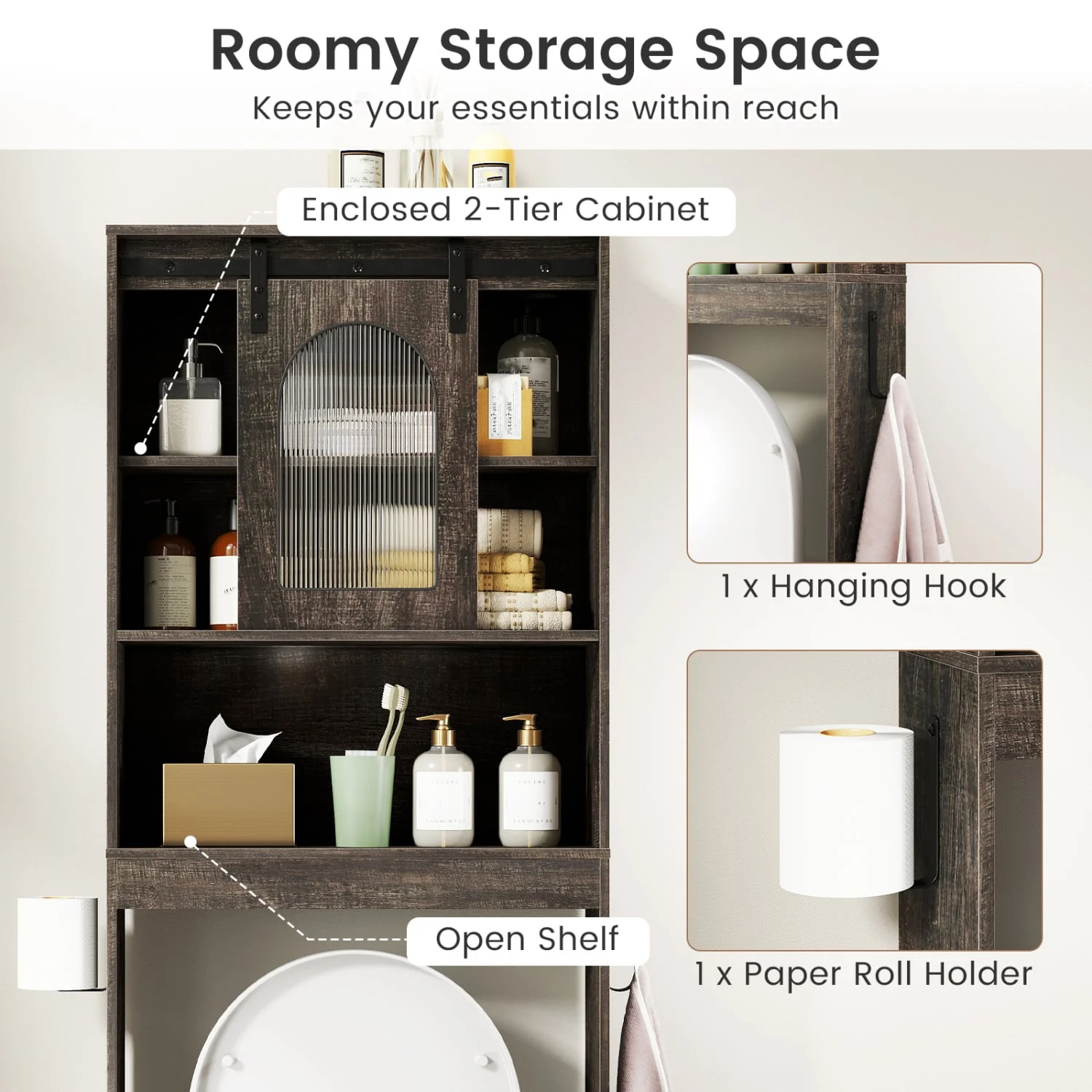 Over Toilet Storage Cabinet With Sliding Barn Door, Open Shelves, Oak - Image 8