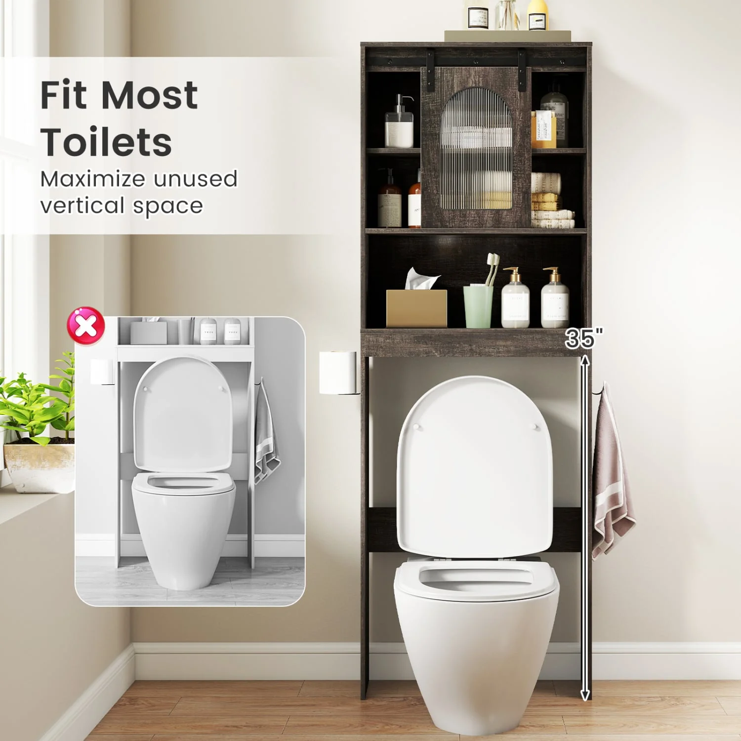 Over Toilet Storage Cabinet With Sliding Barn Door, Open Shelves, Oak - Image 9