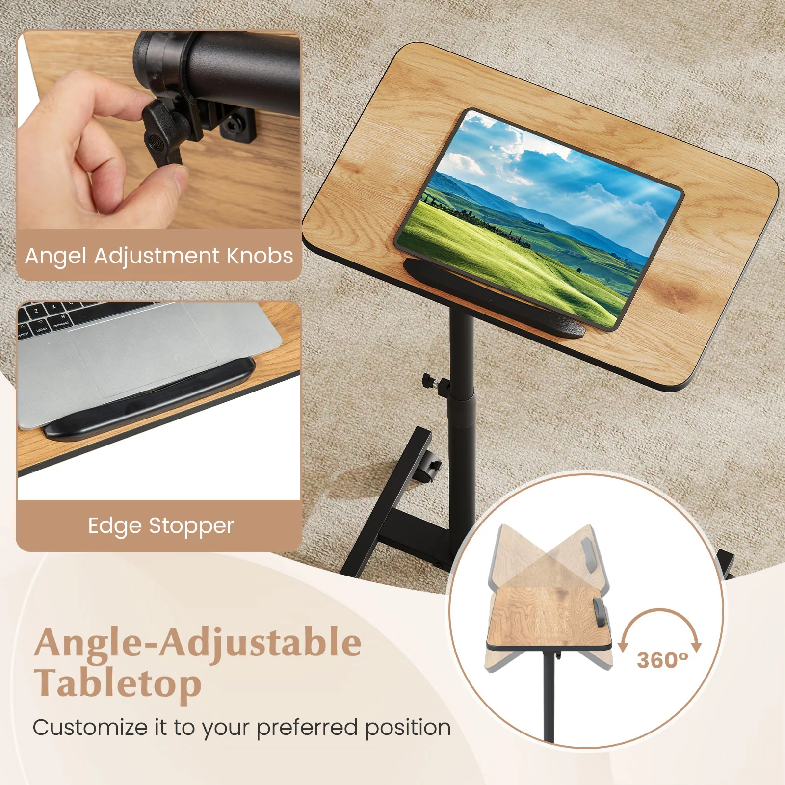 Overbed Rolling Food Tray Table, Natural - Image 9