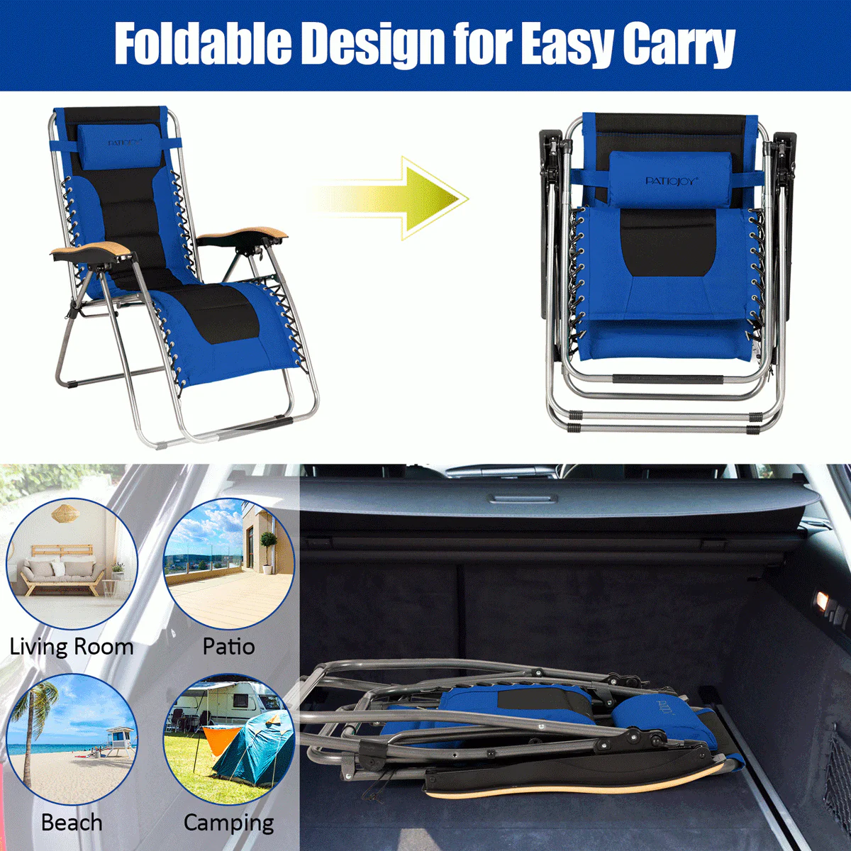 Oversize Folding Adjustable Padded Zero Gravity Lounge Chair, Blue - Image 10