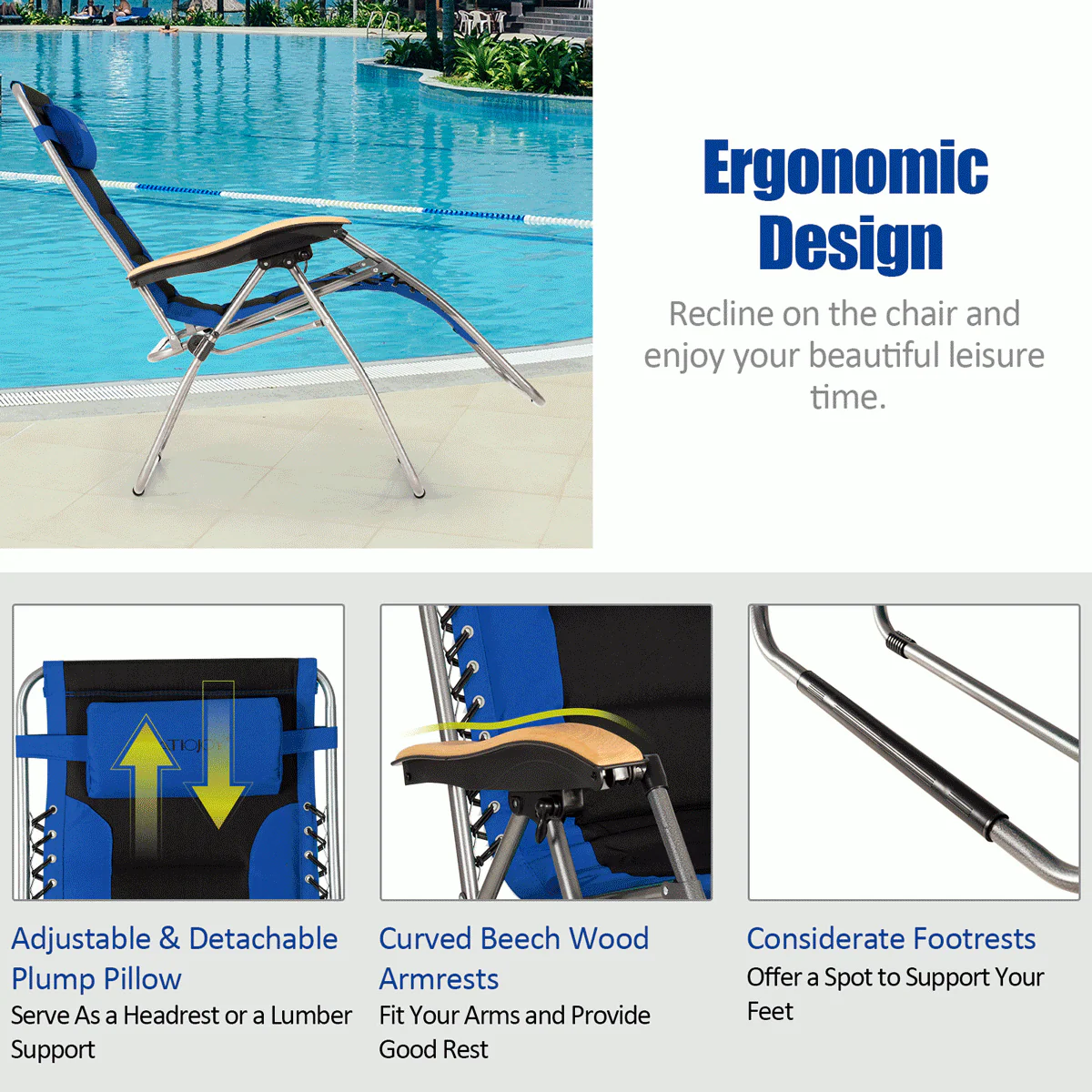 Oversize Folding Adjustable Padded Zero Gravity Lounge Chair, Blue - Image 3