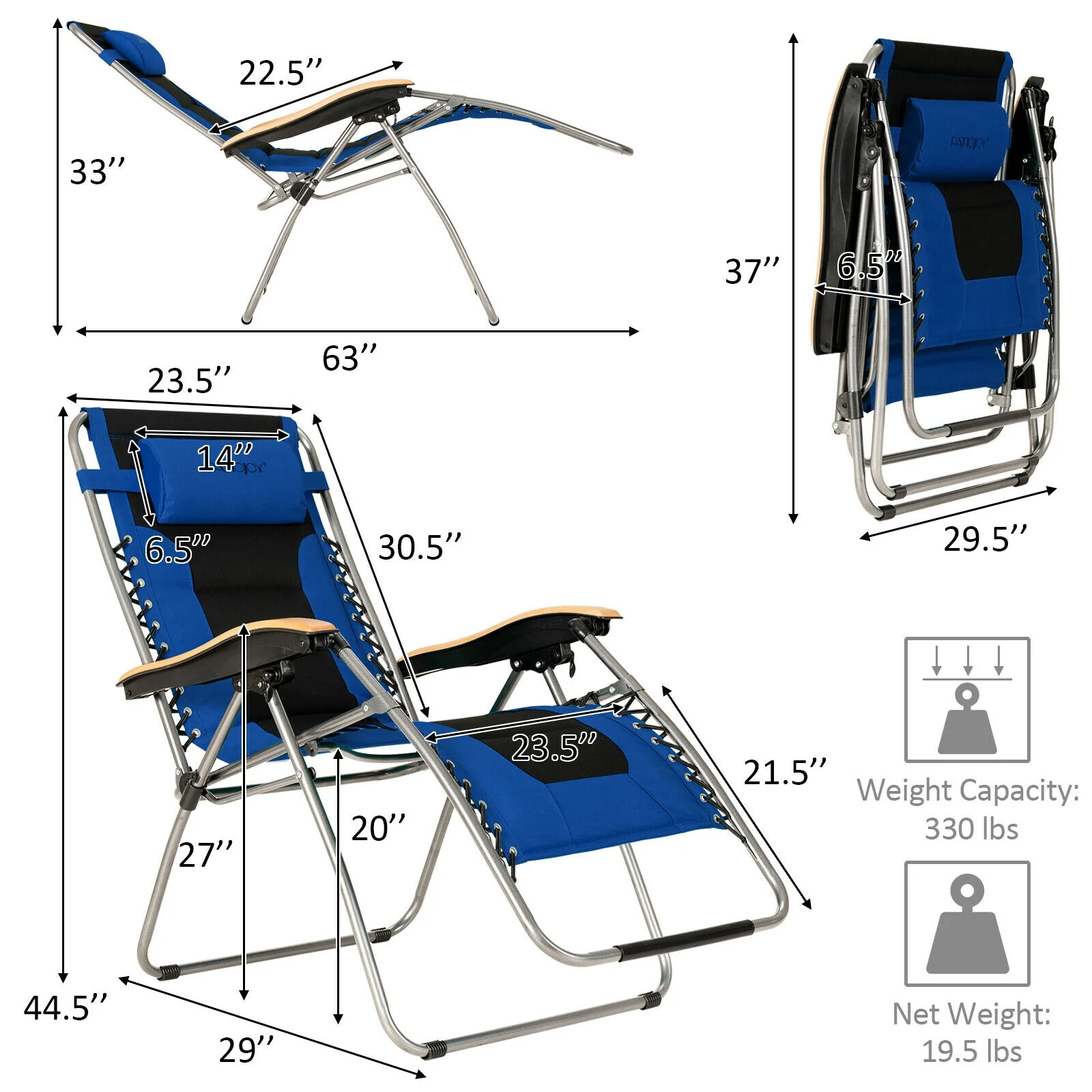 Oversize Folding Adjustable Padded Zero Gravity Lounge Chair, Blue - Image 5