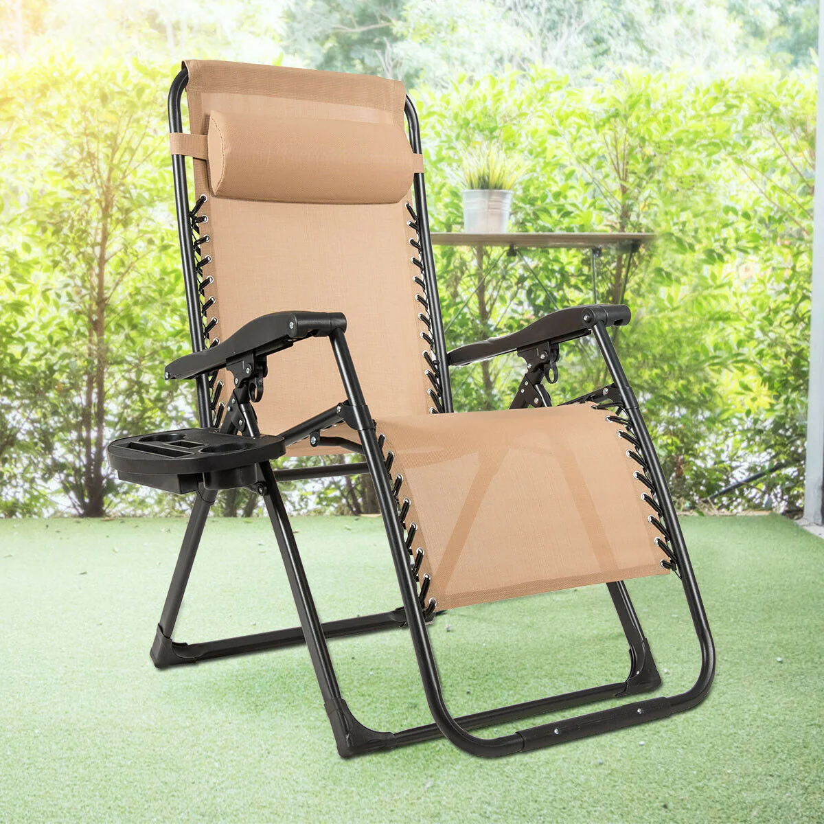 Oversize Lounge Chair With Cup Holder, Heavy Duty, Outdoor, Beige - Image 2