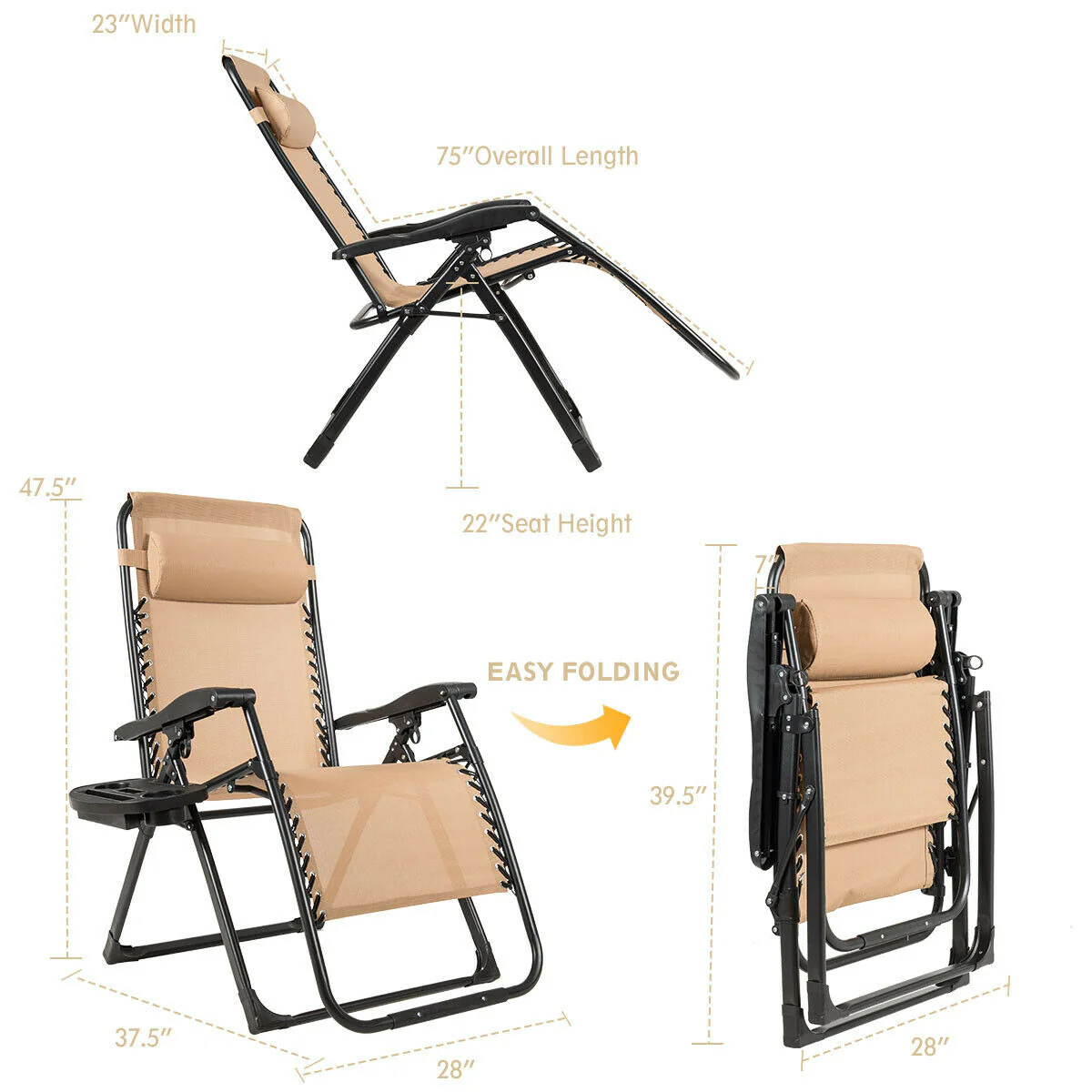 Oversize Lounge Chair With Cup Holder, Heavy Duty, Outdoor, Beige - Image 4