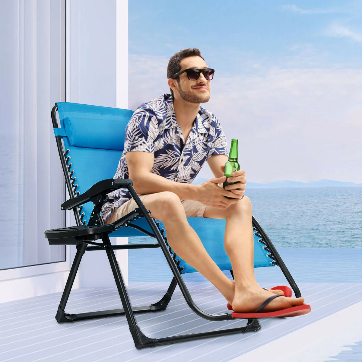 Oversize Lounge Chair With Cup Holder, Heavy Duty, Outdoor, Blue - Image 3
