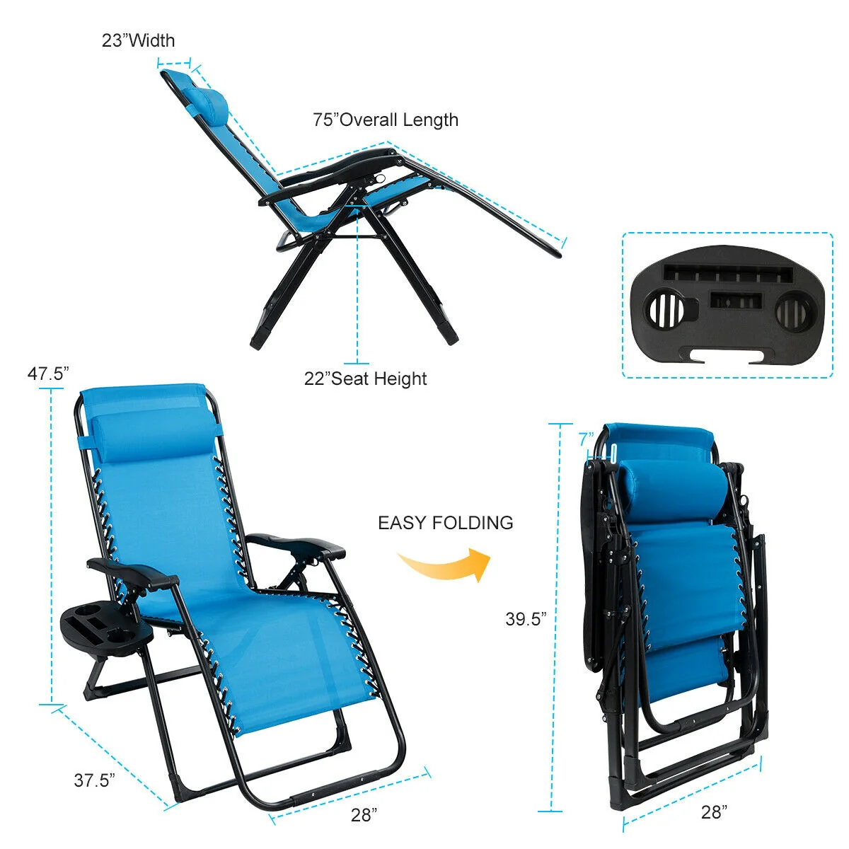 Oversize Lounge Chair With Cup Holder, Heavy Duty, Outdoor, Blue - Image 5