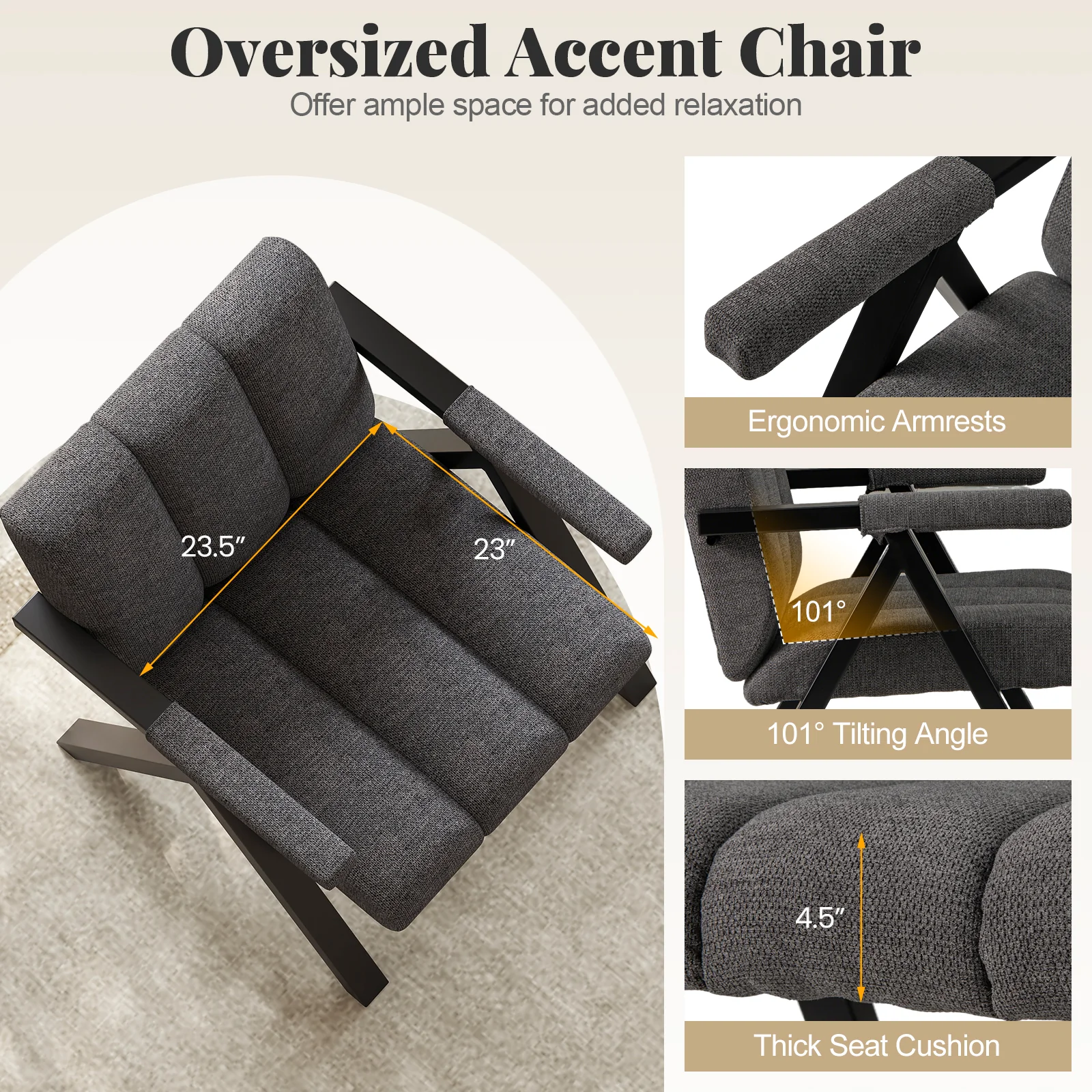 Oversized Accent Chair, Metal Frame, Gray - Image 8