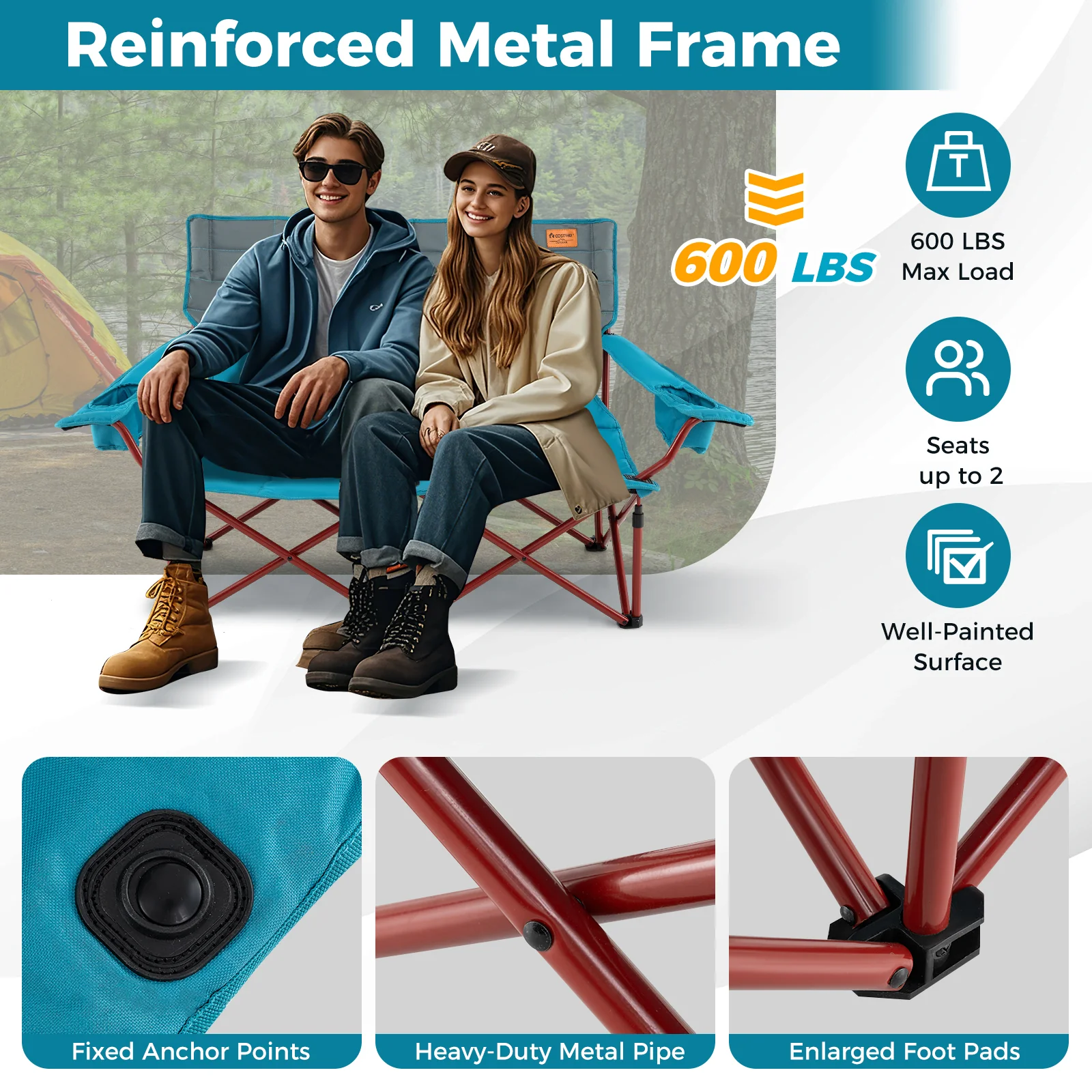 Oversized Camping Chair, Folding Loveseat, Blue - Image 10