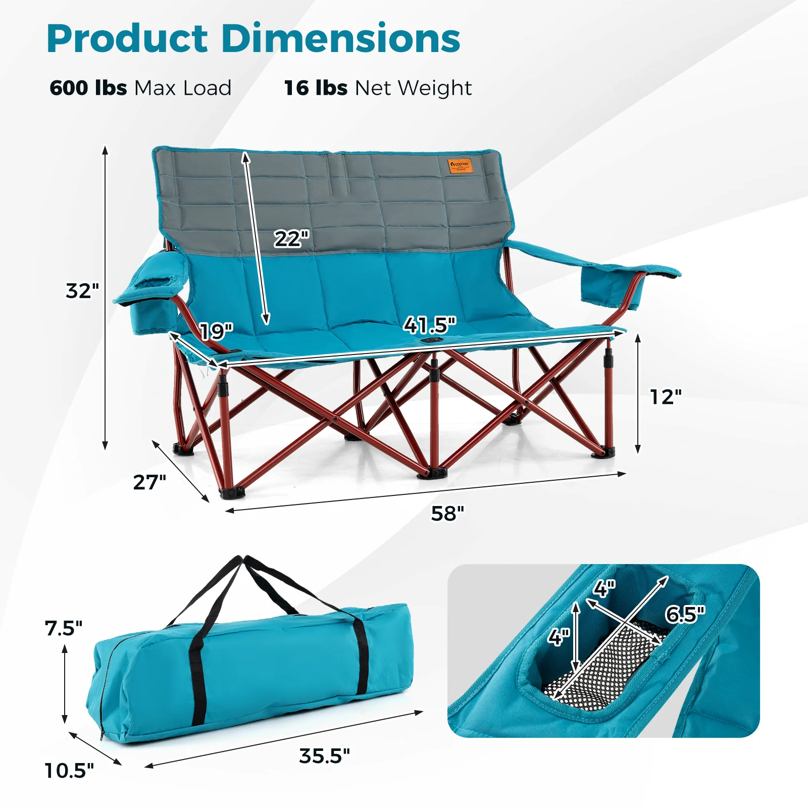 Oversized Camping Chair, Folding Loveseat, Blue - Image 6