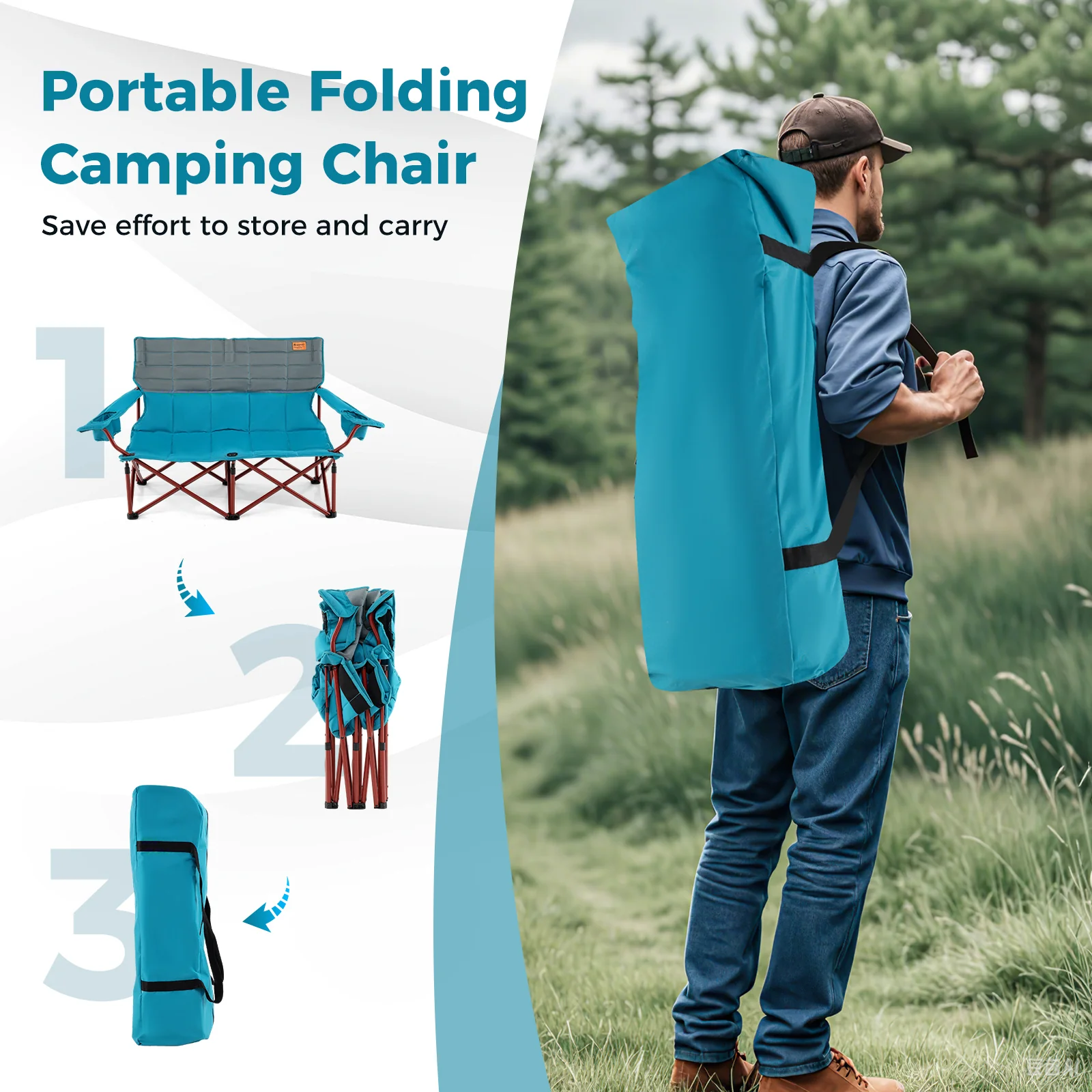 Oversized Camping Chair, Folding Loveseat, Blue - Image 8