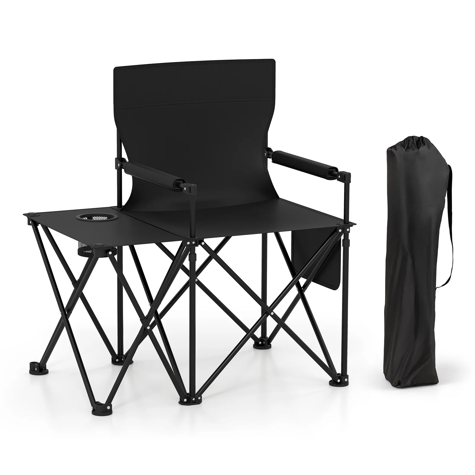 Oversized Camping Chair with Side Table and 2 Storage Pockets, Black