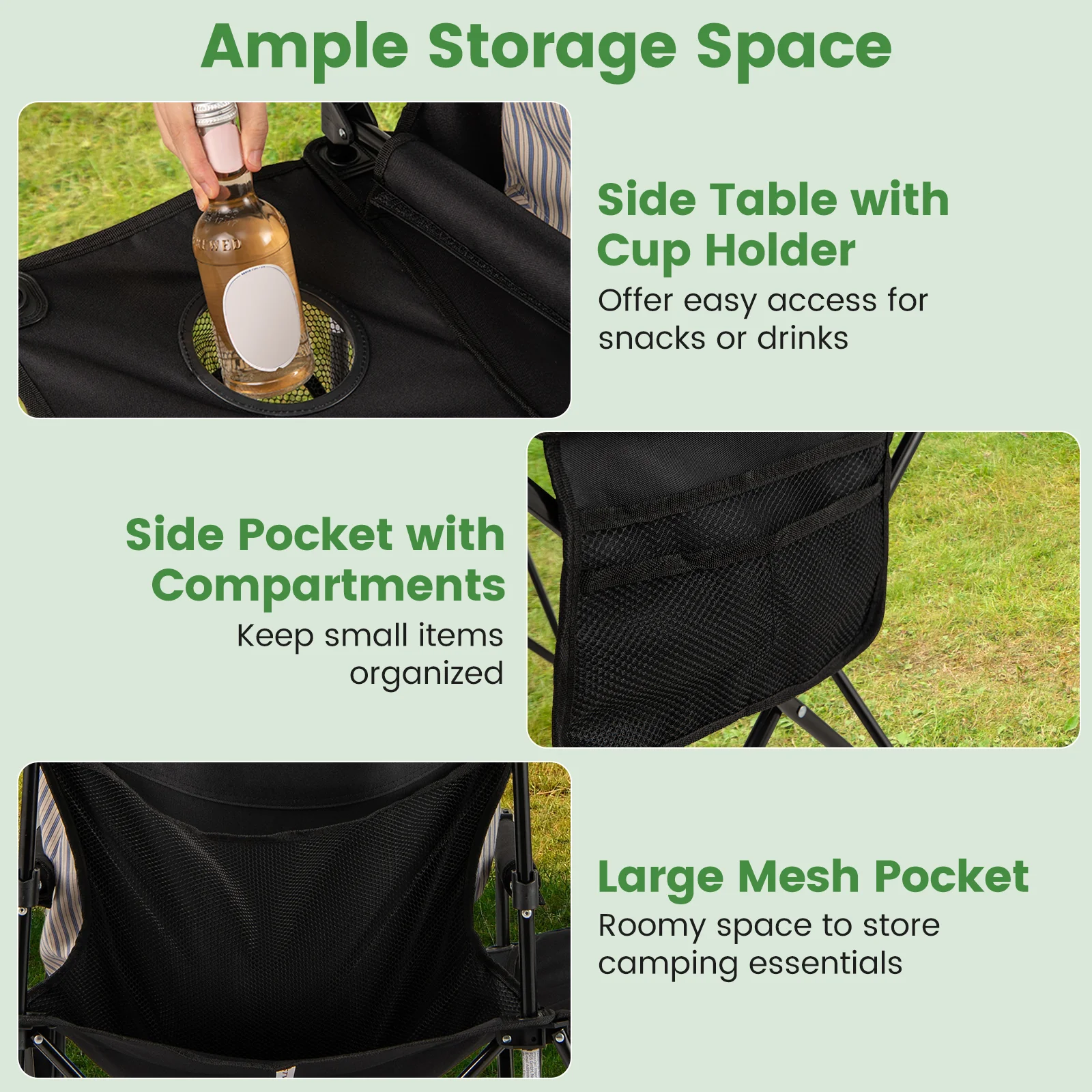 Oversized Camping Chair with Side Table and 2 Storage Pockets, Black - Image 10