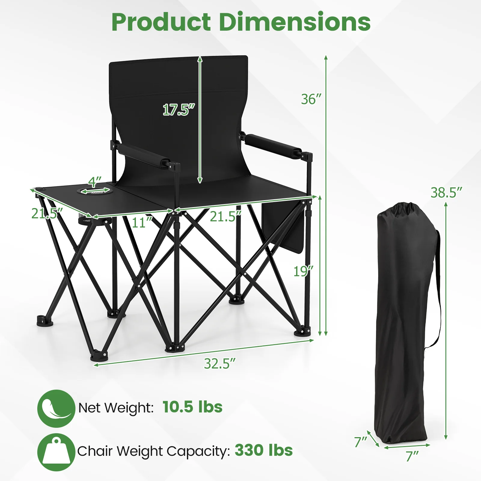 Oversized Camping Chair with Side Table and 2 Storage Pockets, Black - Image 5