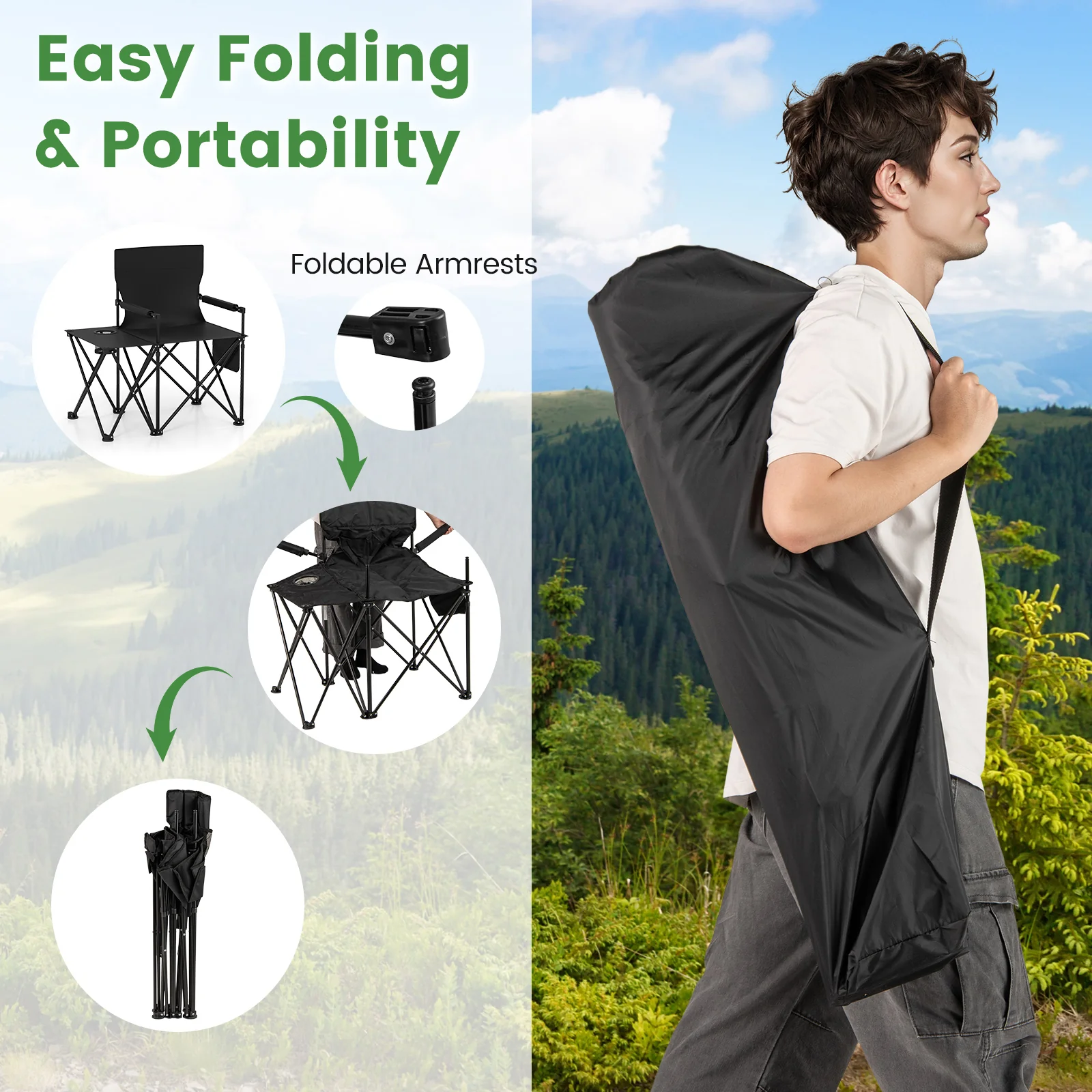 Oversized Camping Chair with Side Table and 2 Storage Pockets, Black - Image 7
