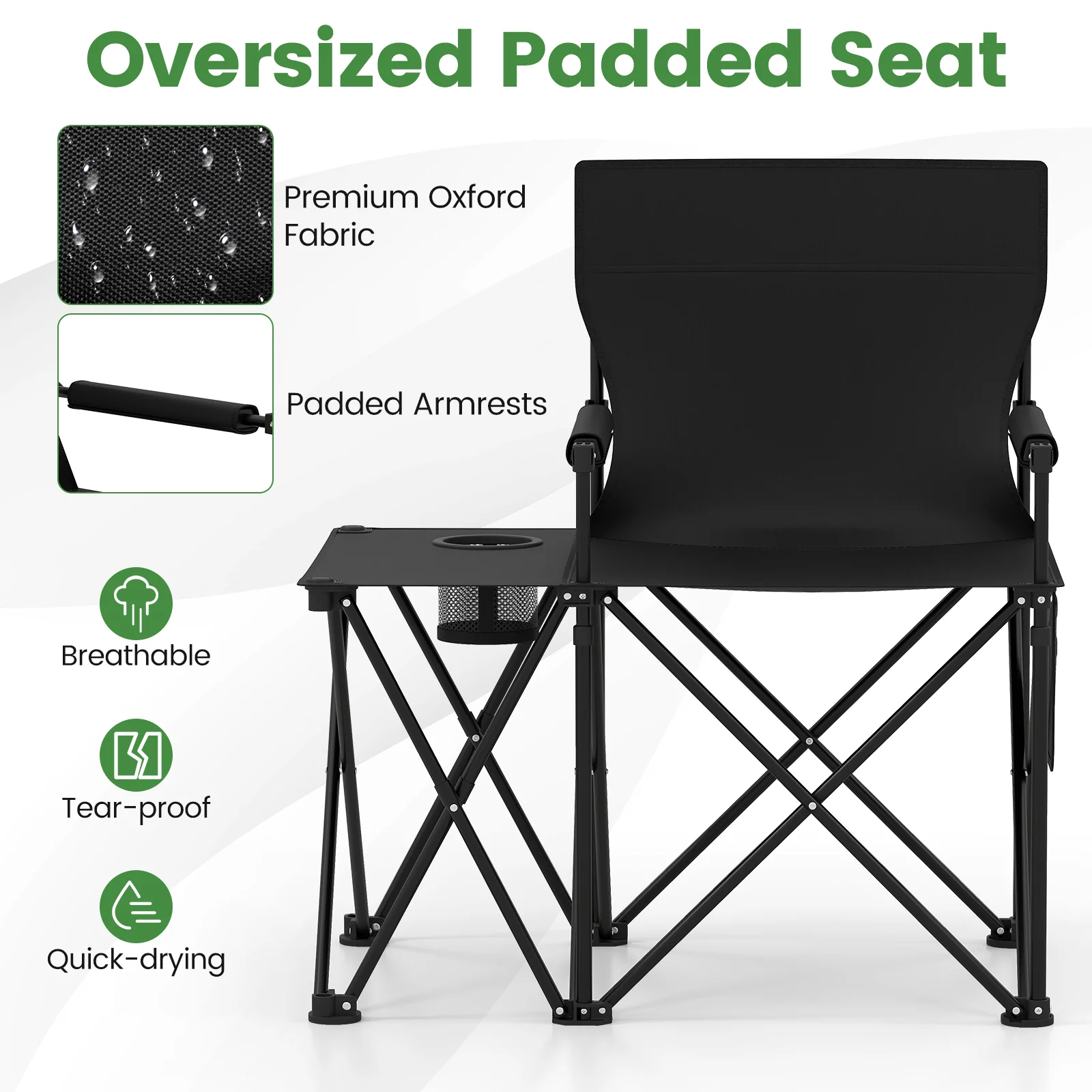 Oversized Camping Chair with Side Table and 2 Storage Pockets, Black - Image 9