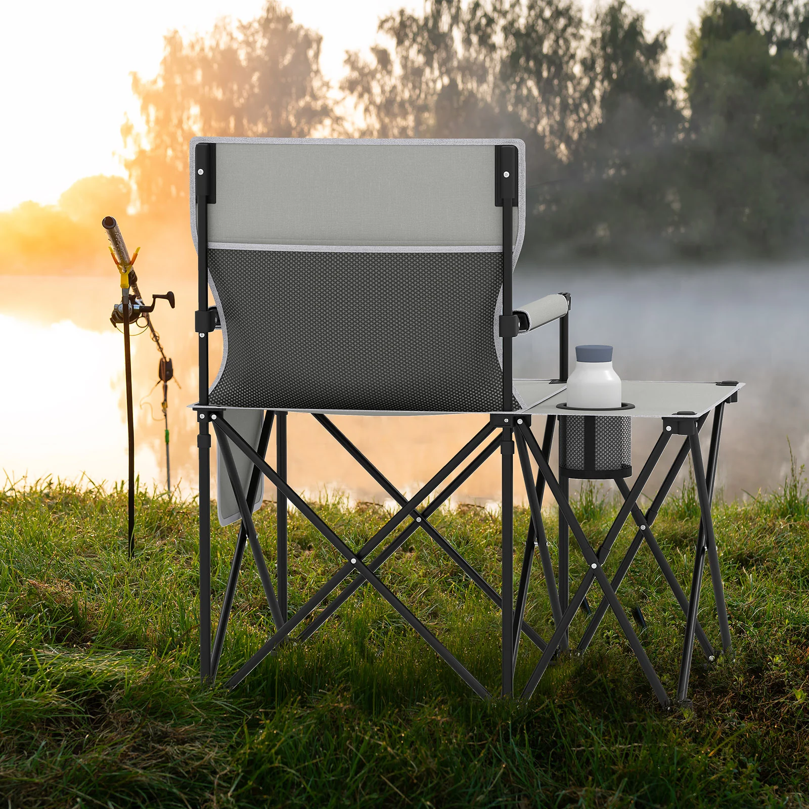 Oversized Camping Chair with Side Table and 2 Storage Pockets, Gray - Image 2