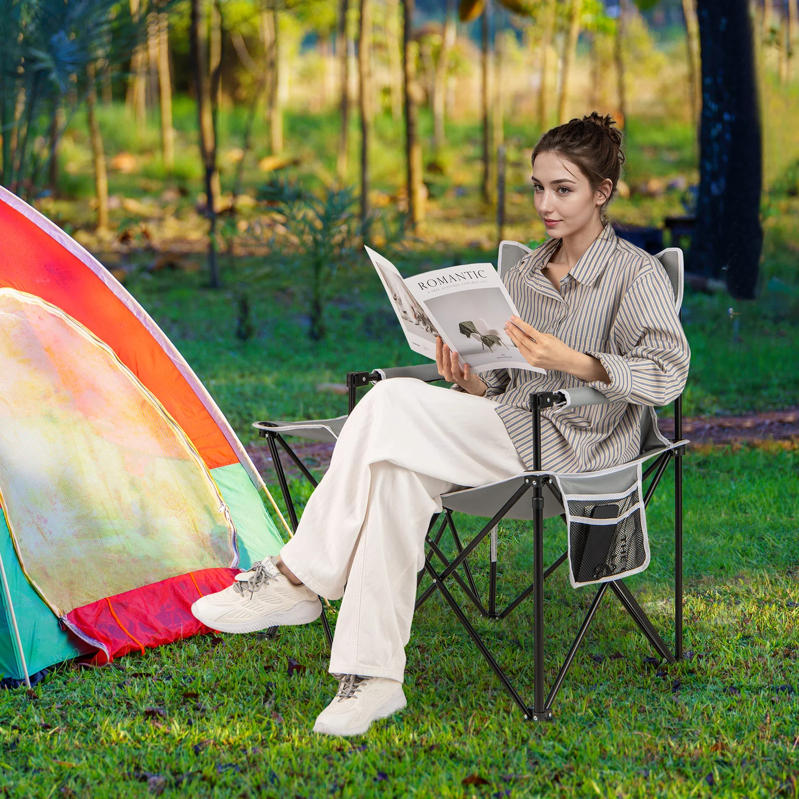 Oversized Camping Chair with Side Table and 2 Storage Pockets, Gray - Image 3