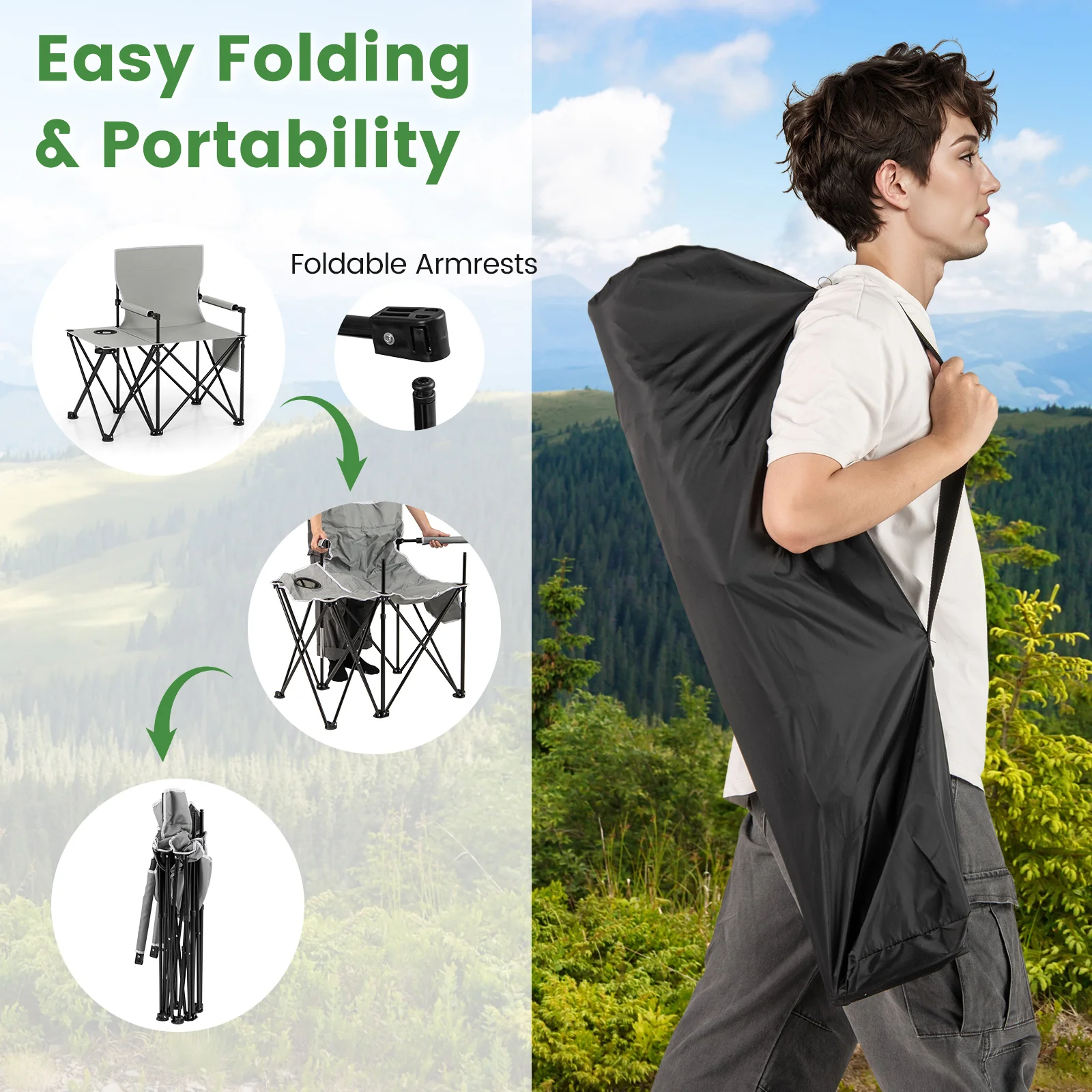 Oversized Camping Chair with Side Table and 2 Storage Pockets, Gray - Image 8