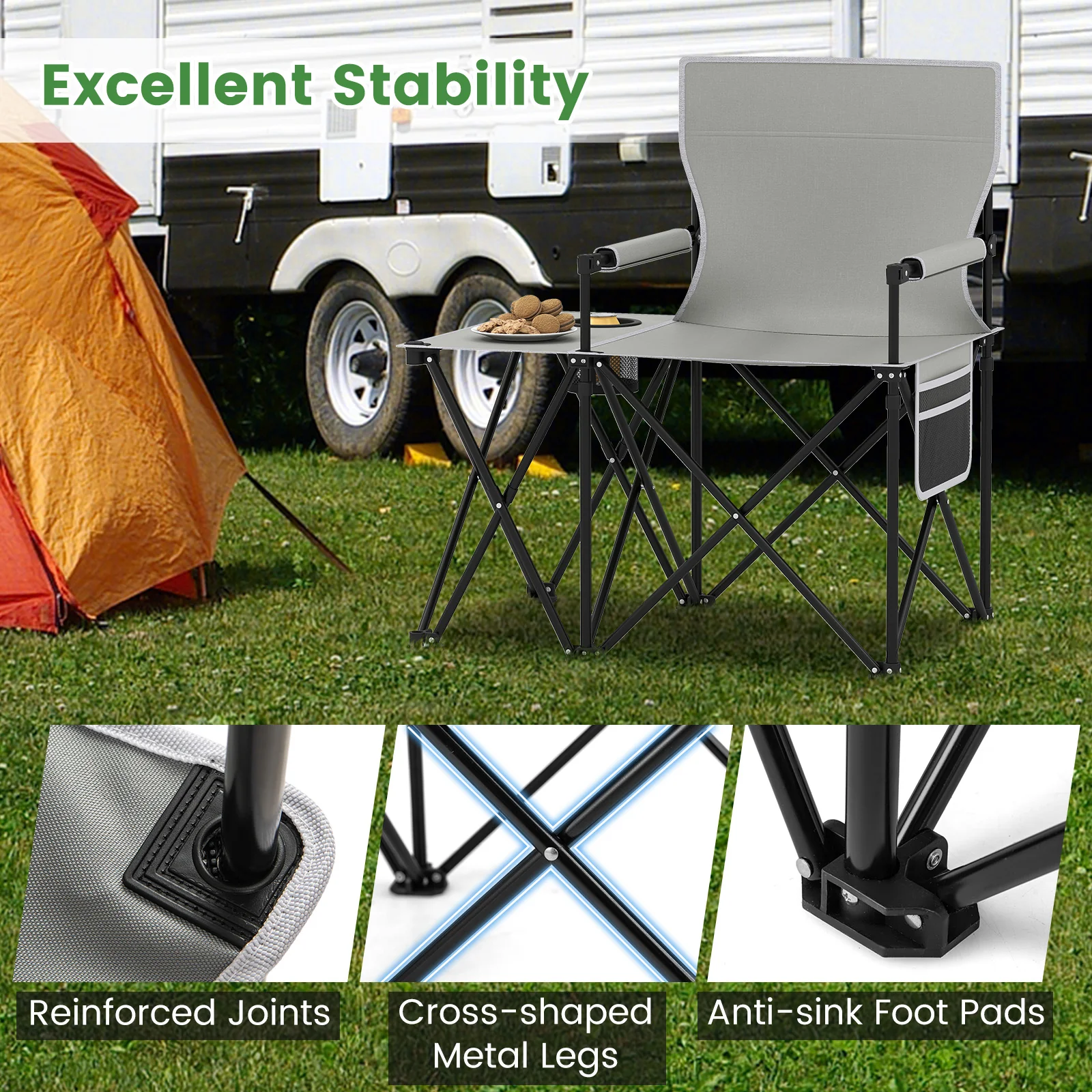 Oversized Camping Chair with Side Table and 2 Storage Pockets, Gray - Image 9