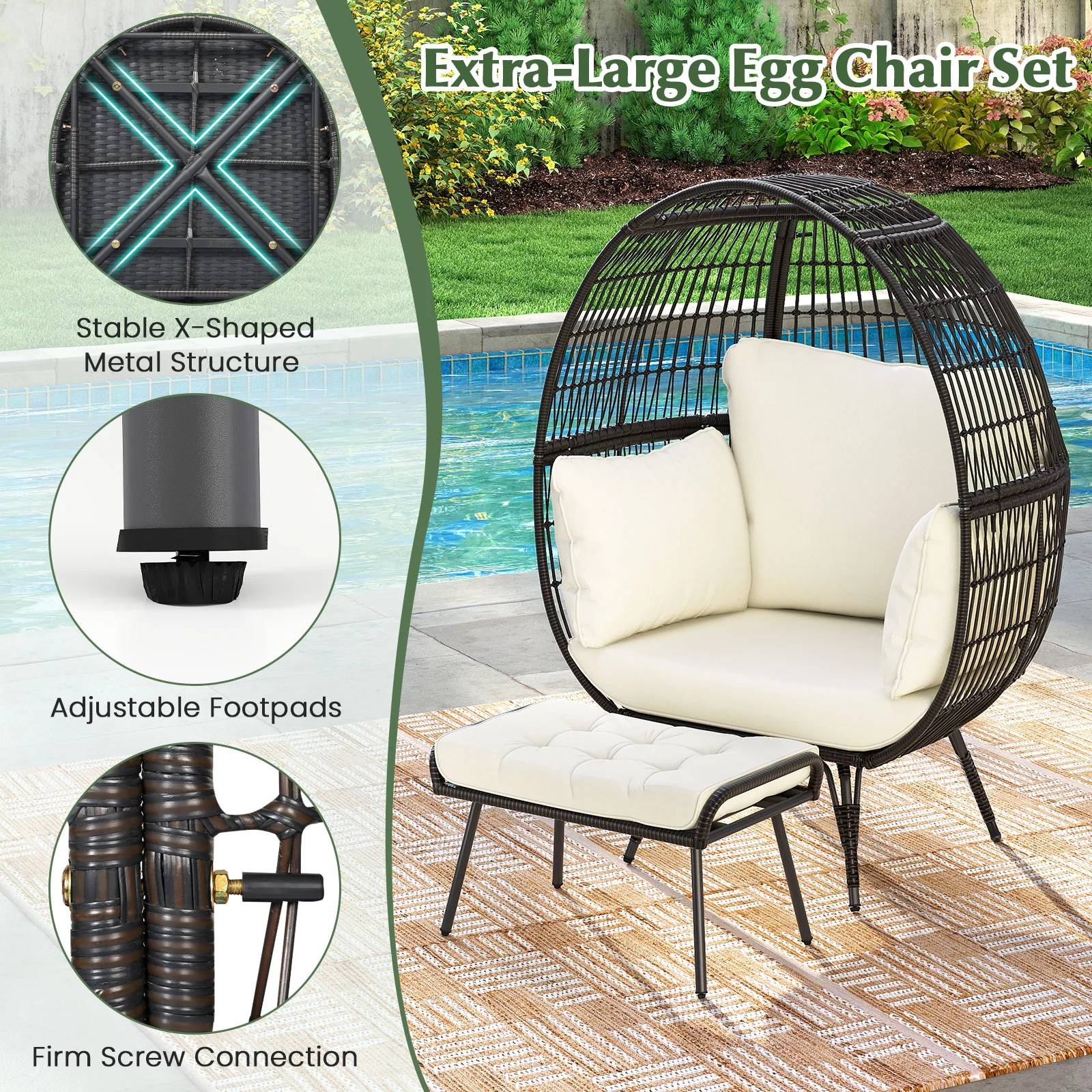 Oversized Egg Chair With Ottoman, White - Image 8