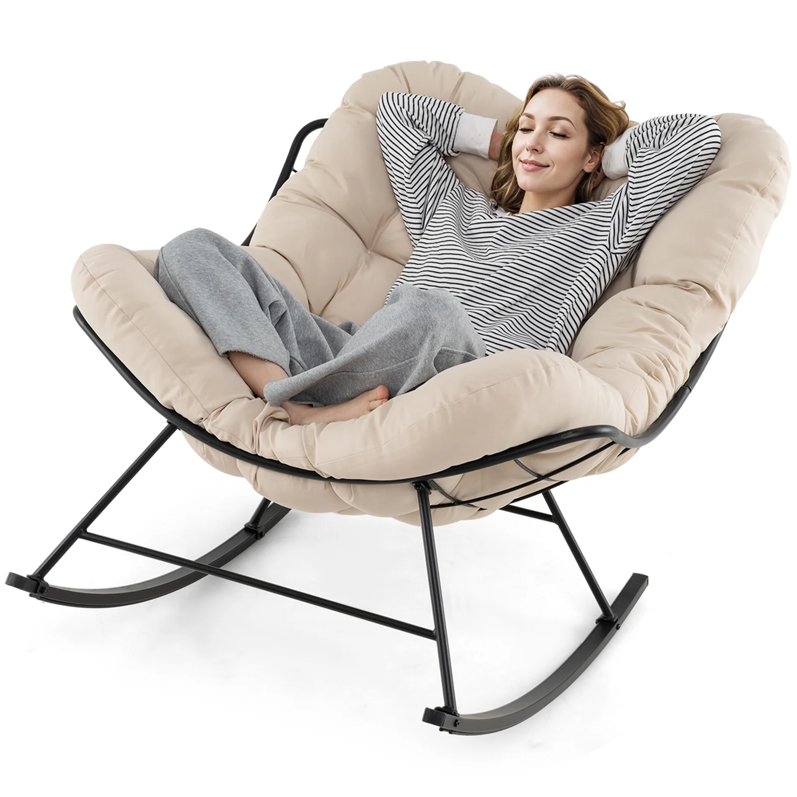 Oversized Egg Papasan Chair, Padded Cushion, Beige